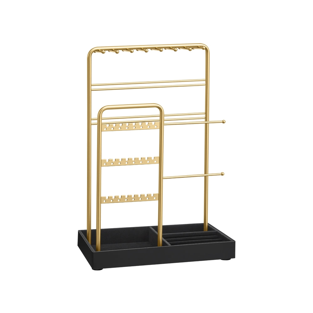 Jewelry Holder - Metal Frame With Velvet Tray - Standing Organizer - Black + Gold
