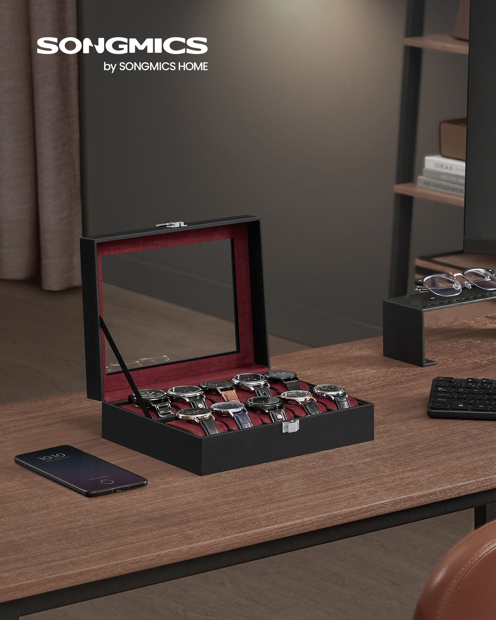 10-Slot Watch Case with Large Glass Lid - Black Synthetic Leather, Wine Red Lining