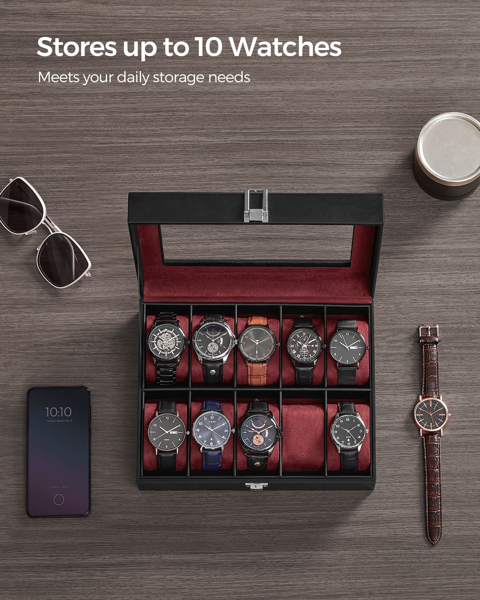 10-Slot Watch Case with Large Glass Lid - Black Synthetic Leather, Wine Red Lining