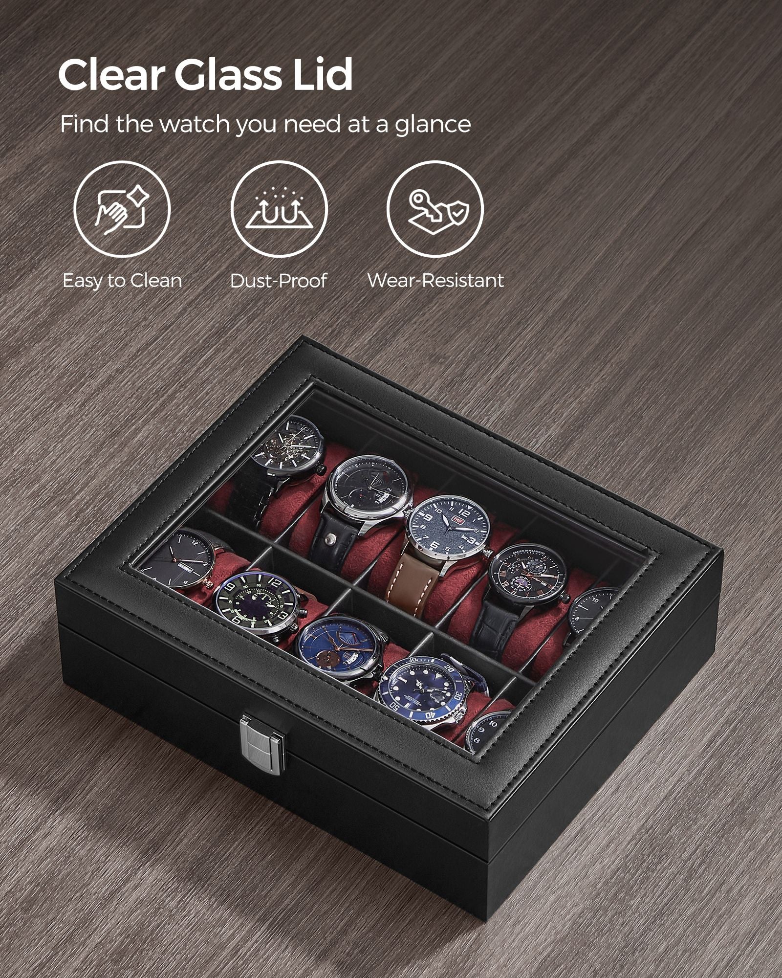 10-Slot Watch Case with Large Glass Lid - Black Synthetic Leather, Wine Red Lining