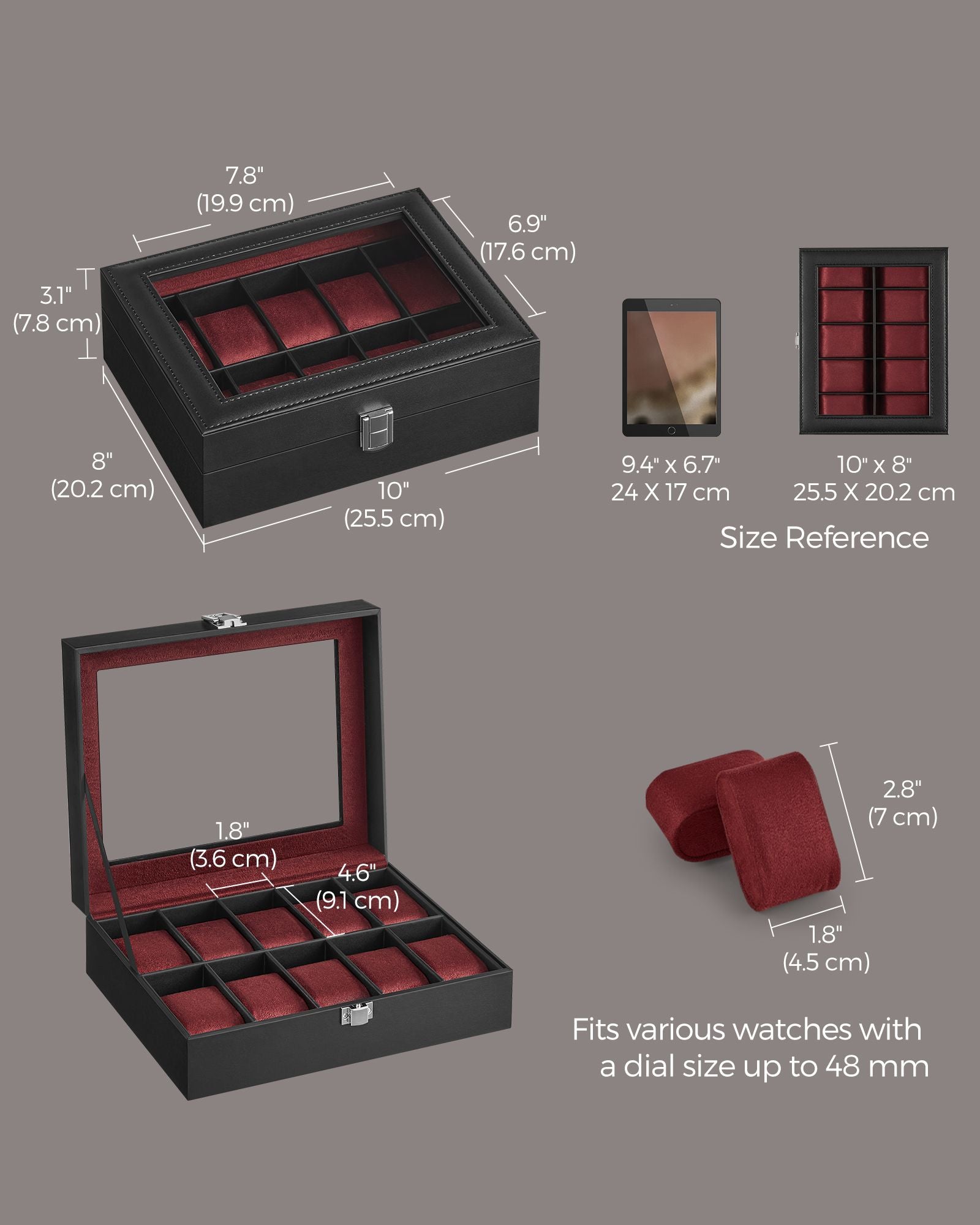 10-Slot Watch Case with Large Glass Lid - Black Synthetic Leather, Wine Red Lining