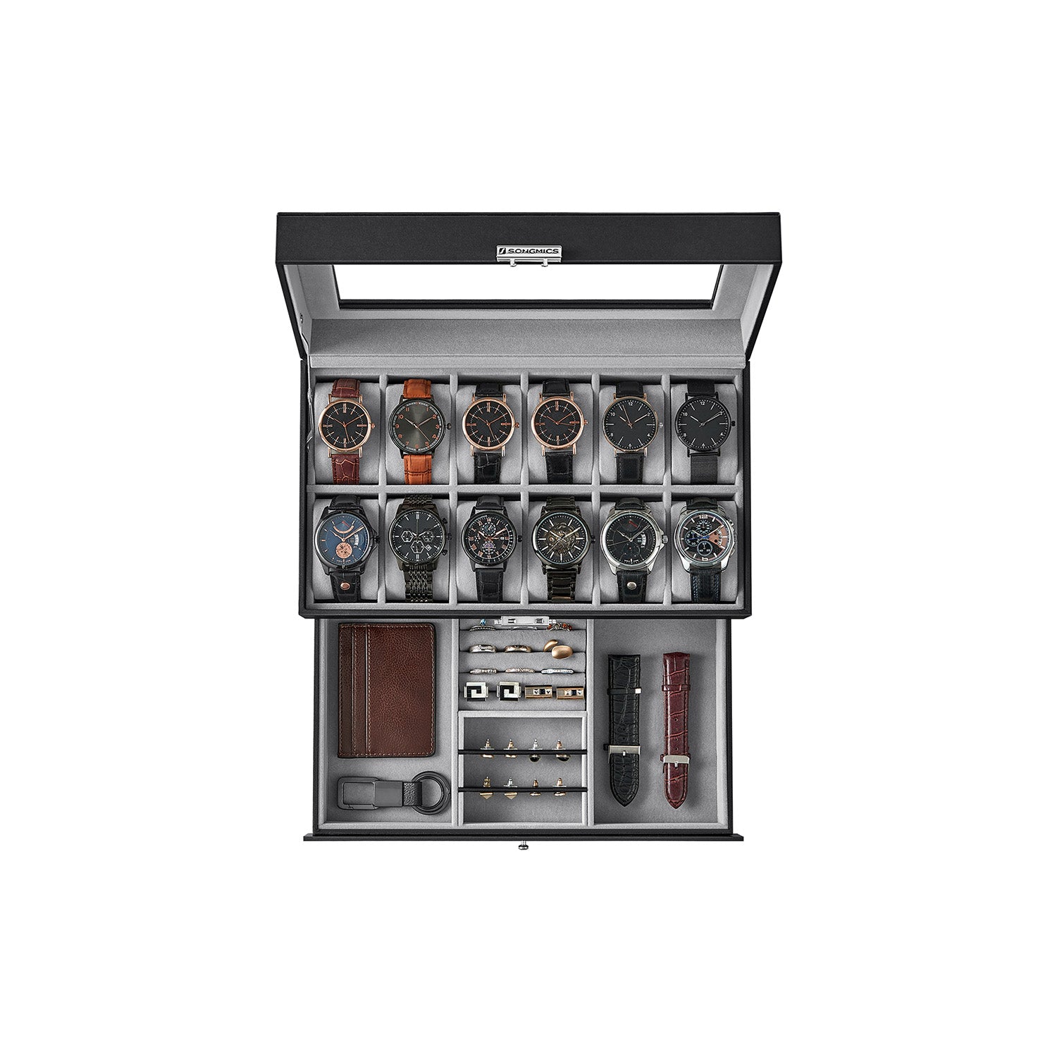 12-Slot Watch Box with Glass Lid - Black Synthetic Leather, Gray Lining - 7.3”D x 12.8”W x 5.3”H