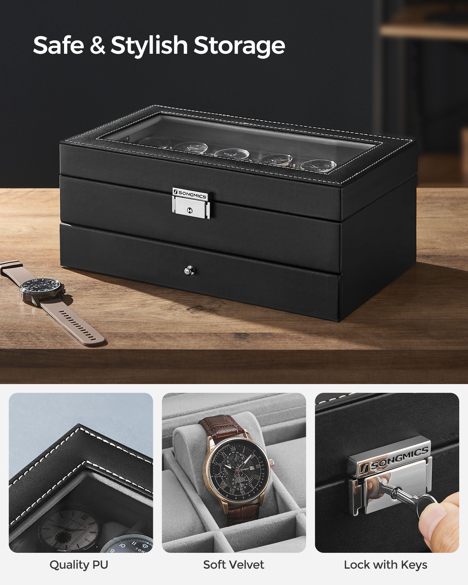 12-Slot Watch Box with Glass Lid - Black Synthetic Leather, Gray Lining