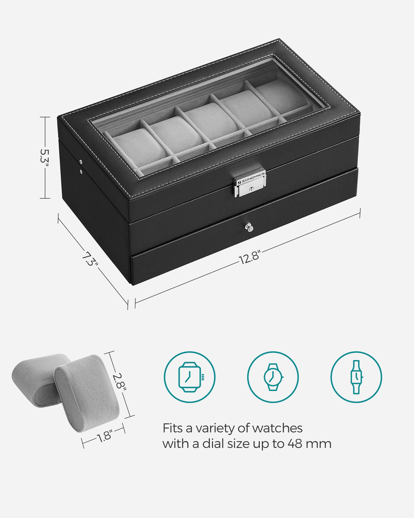 12-Slot Watch Box with Glass Lid - Black Synthetic Leather, Gray Lining