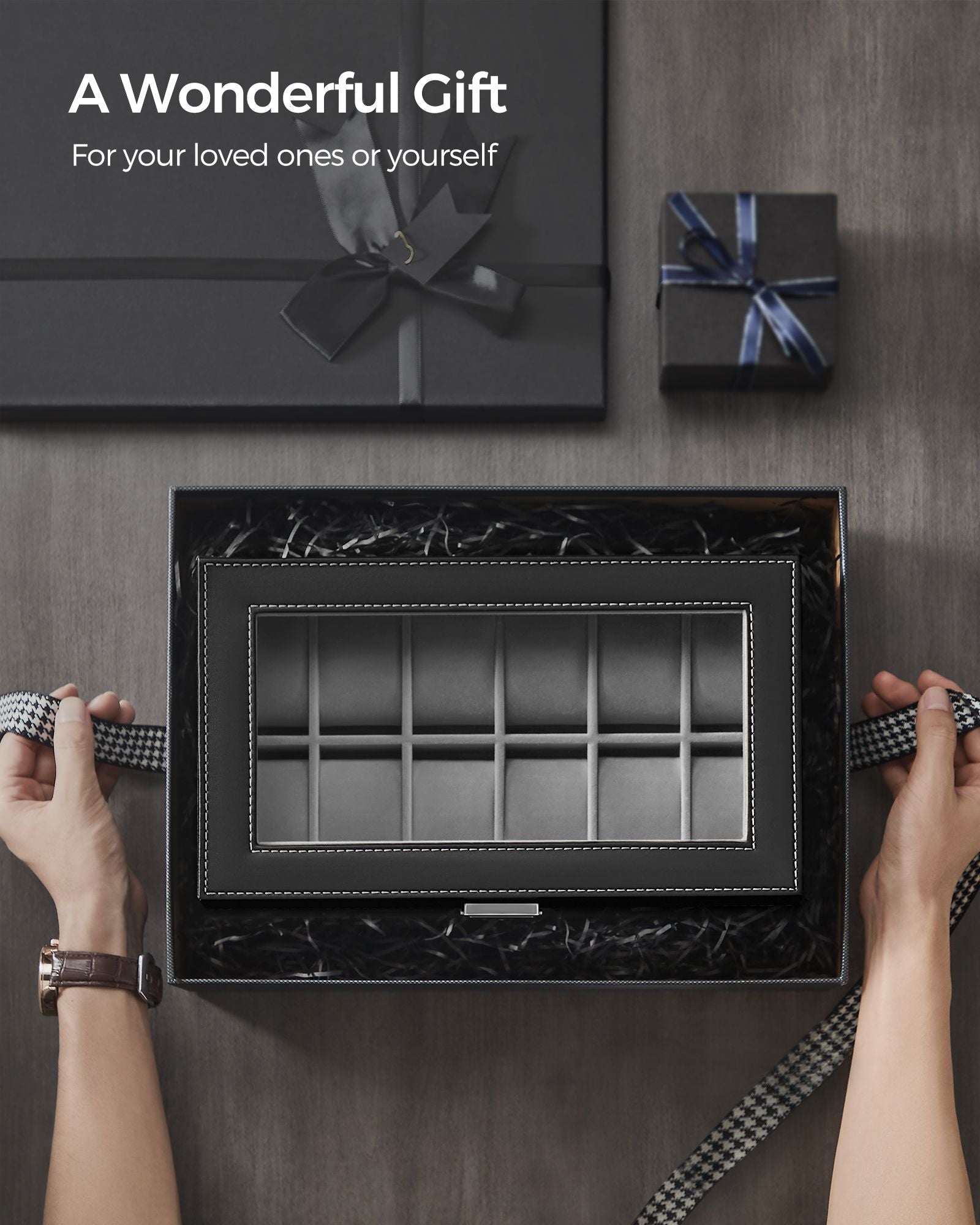12-Slot Watch Box with Glass Lid - Black Synthetic Leather, Gray Lining