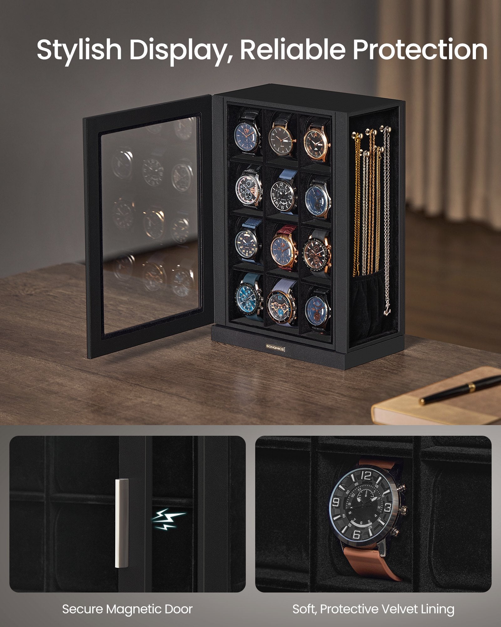 Watch Box 12 Slots with Glass Windows - 360° Rotating Vertical Watch Display Case