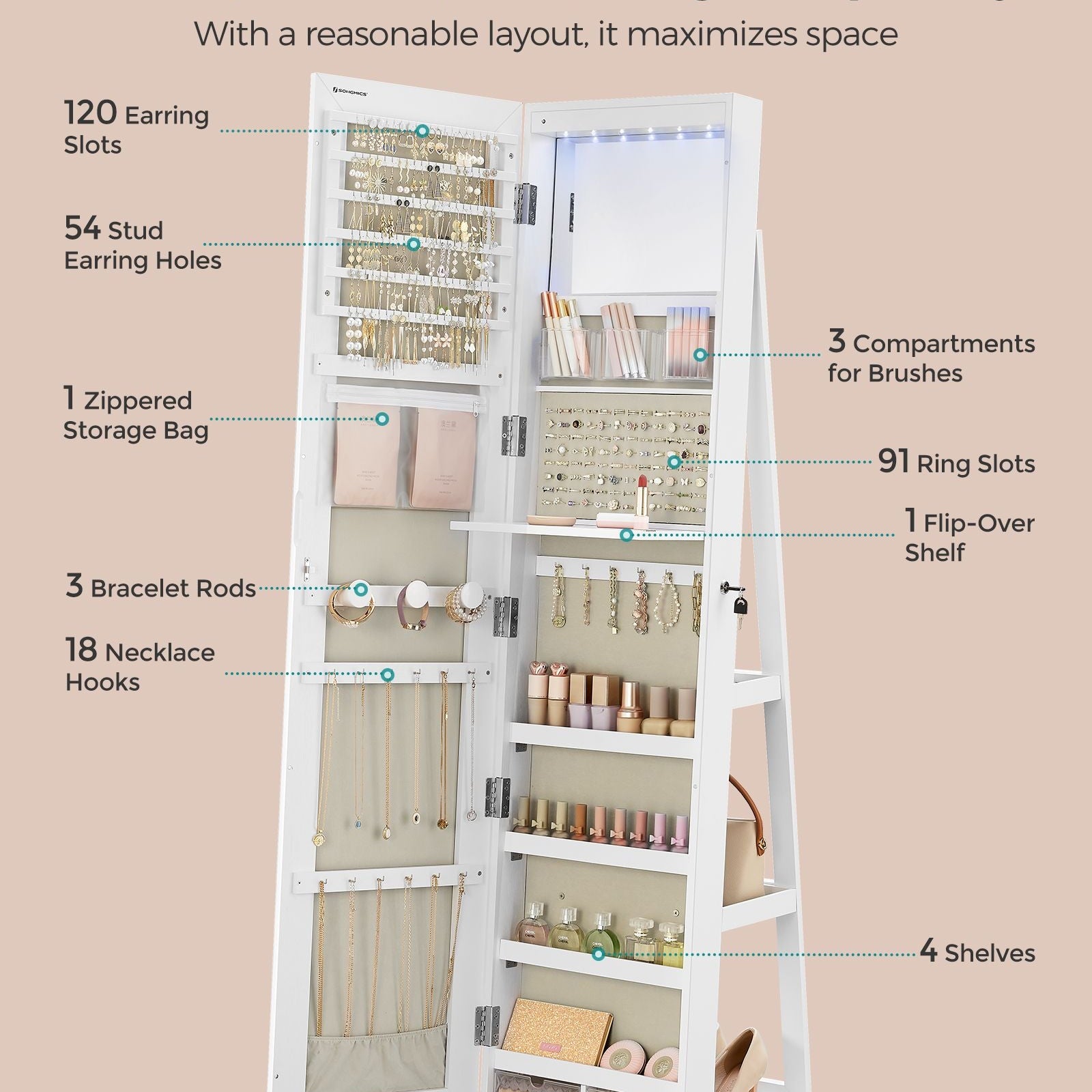 Jewelry cabinet with mirror - led lighting - velvet lined - standing organizer
