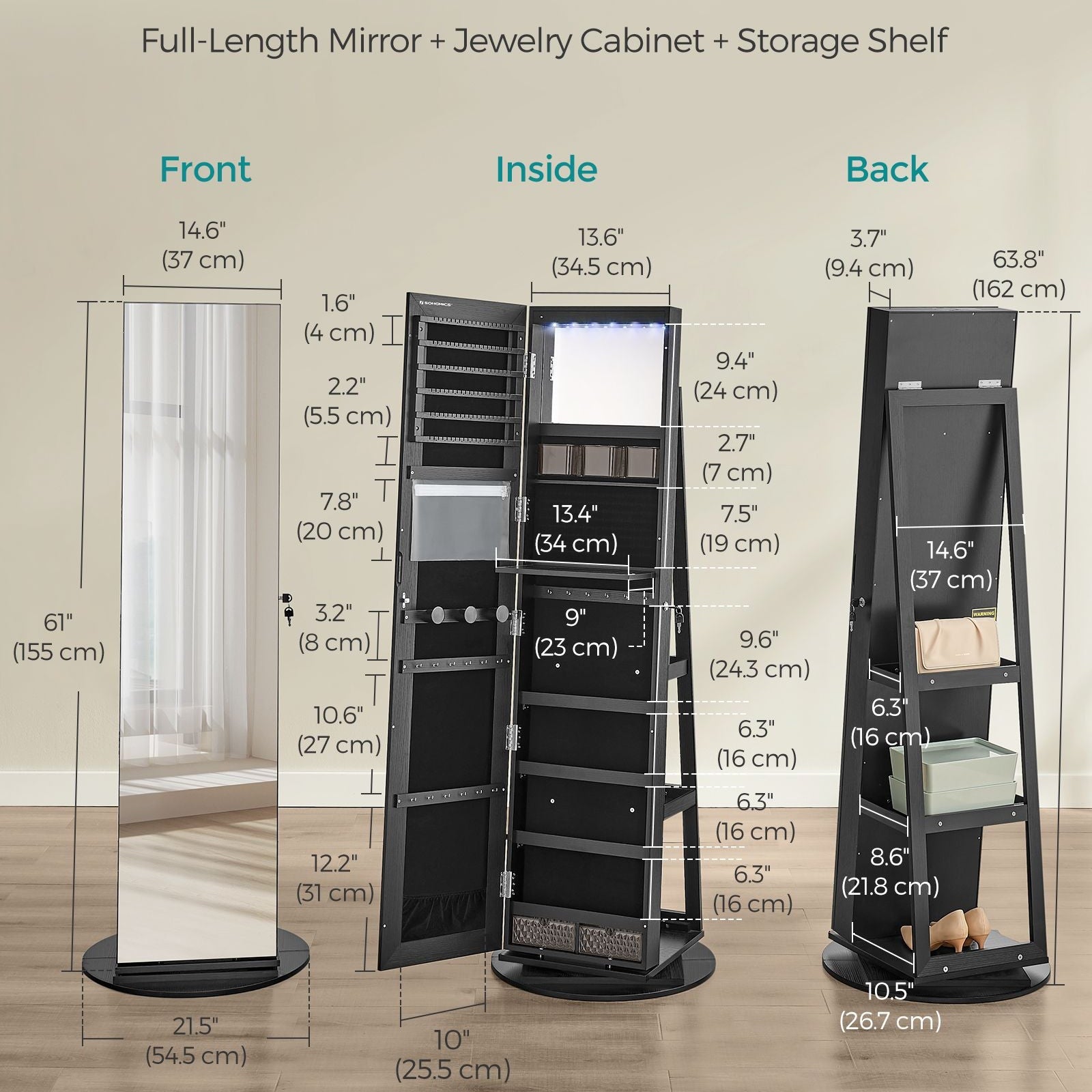 Jewelry cabinet with mirror - led lighting - velvet lined - standing organizer