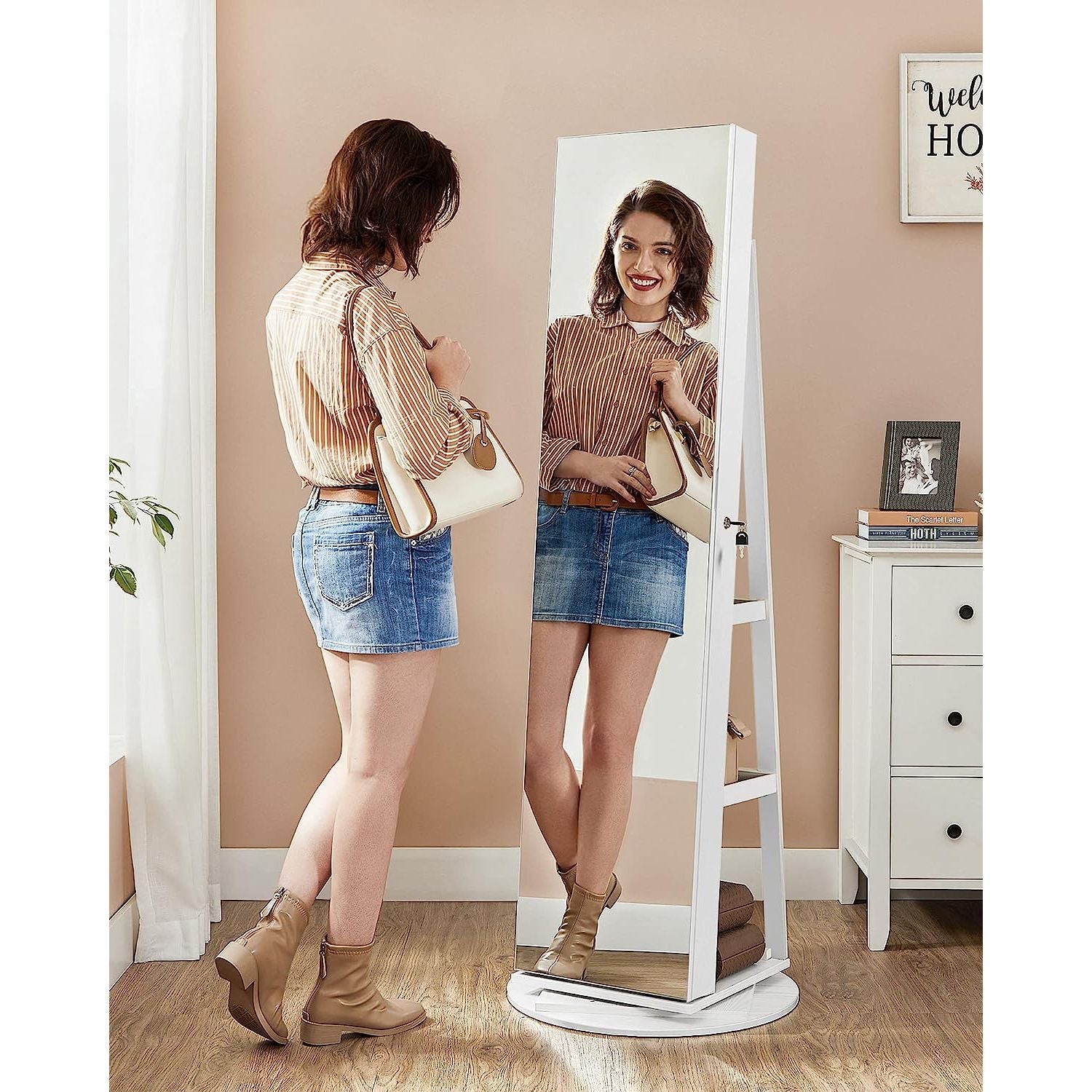 Jewelry cabinet with mirror - led lighting - velvet lined - standing organizer