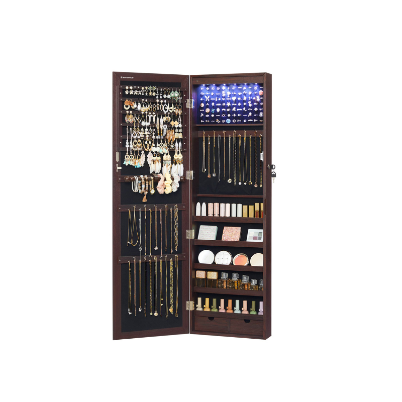Lockable Wall or Door Mounted Jewelry Armoire Organizer with Mirror - Dark Brown