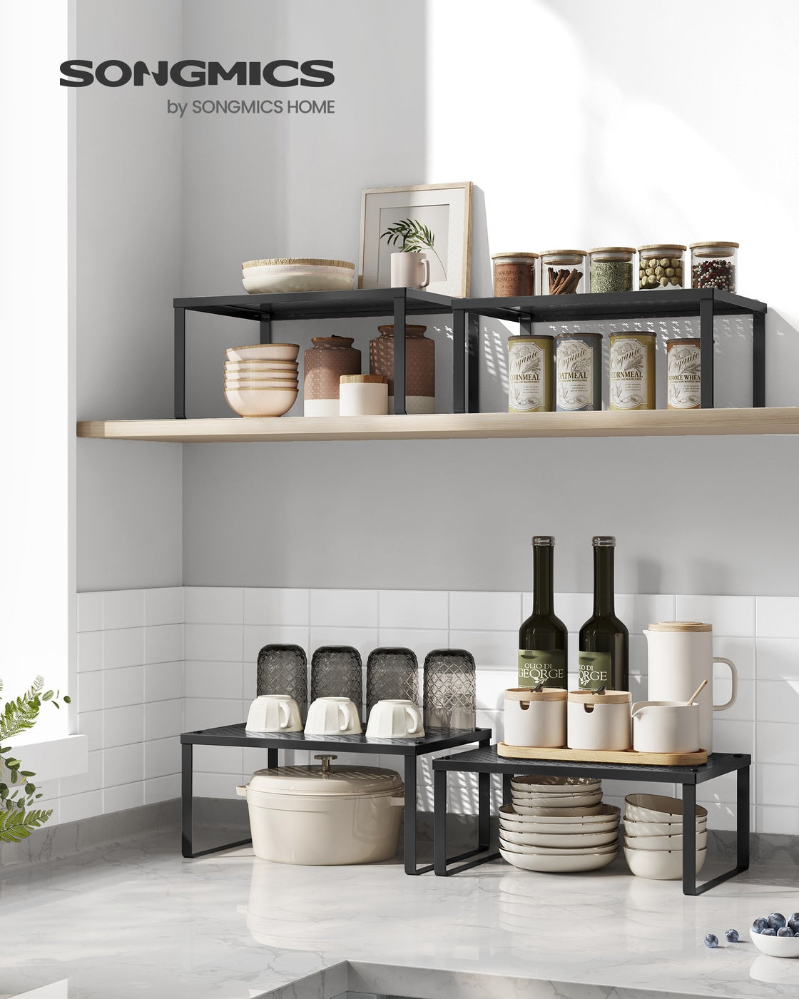 Spice Rack Set - Stackable Shelf Organizers - Black - Ink Black
