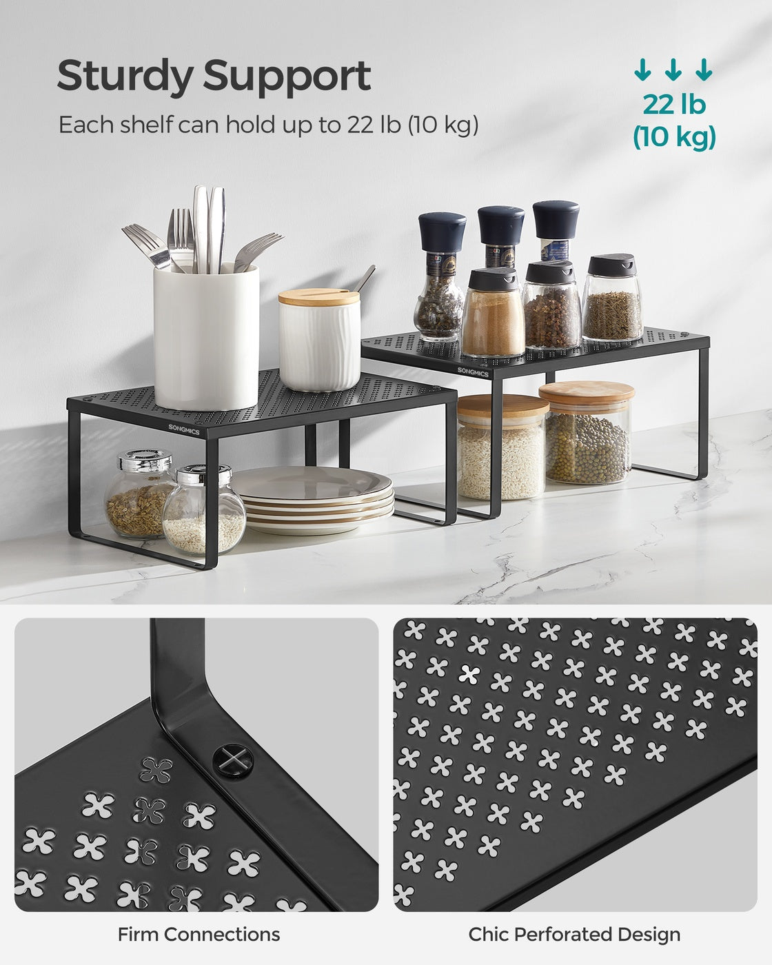 Spice Rack Set - Stackable Shelf Organizers - Black - Ink Black