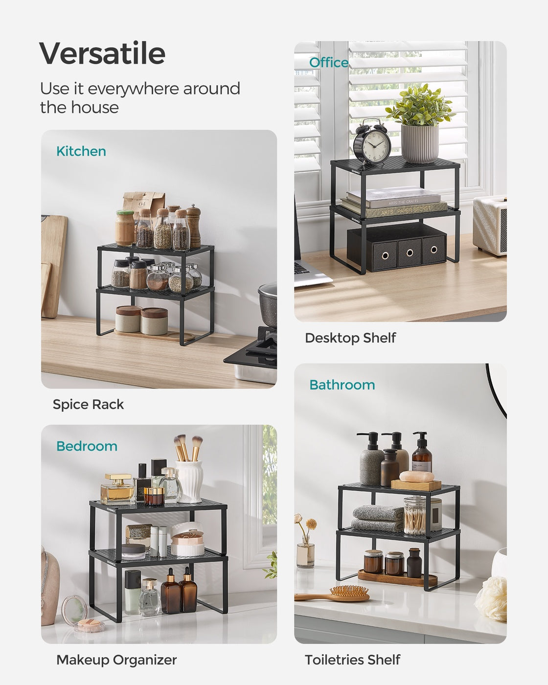 Spice Rack Set - Stackable Shelf Organizers - Black - Ink Black