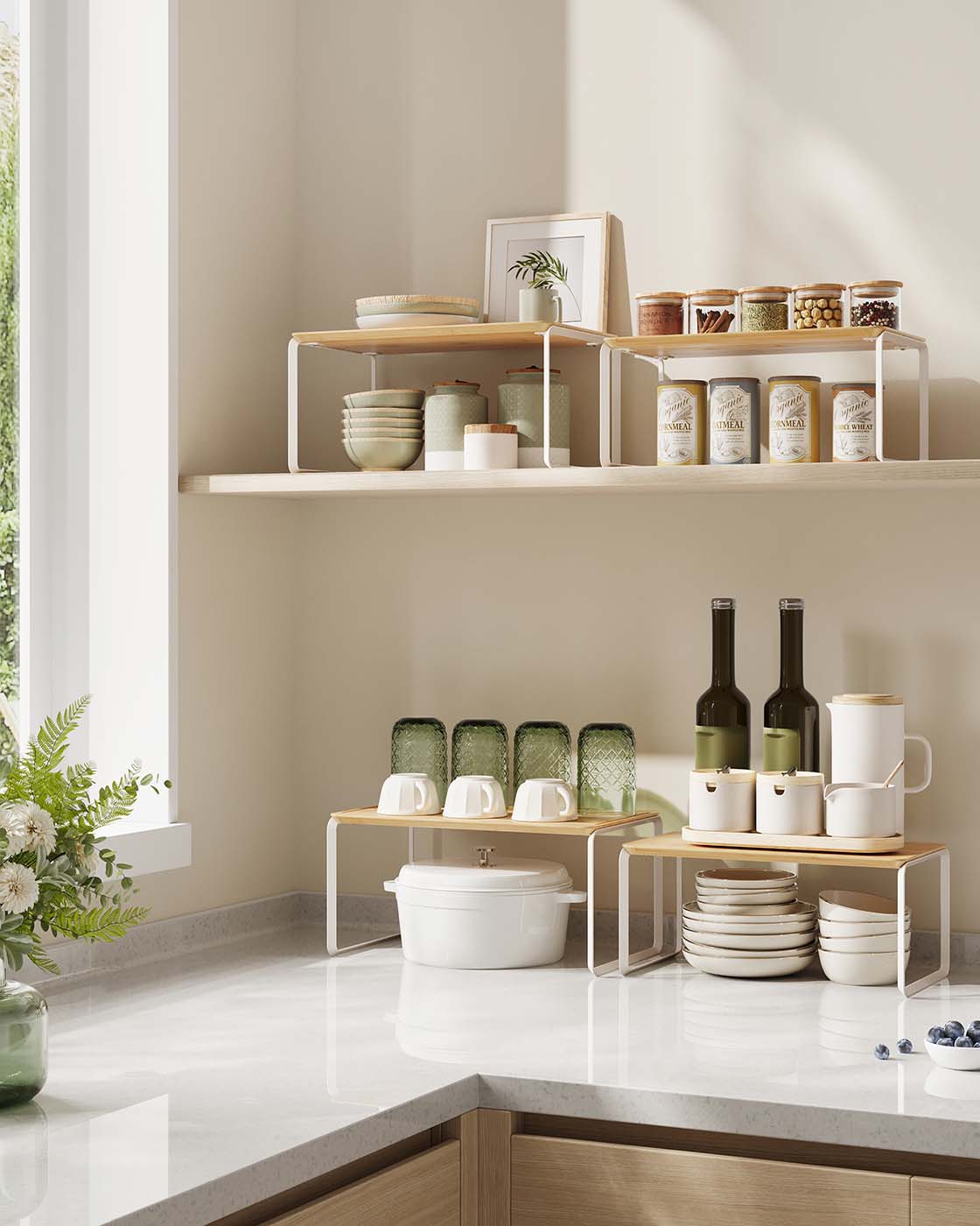 Expandable Cupboard Shelf Organizers - Bamboo and Steel - Stackable
