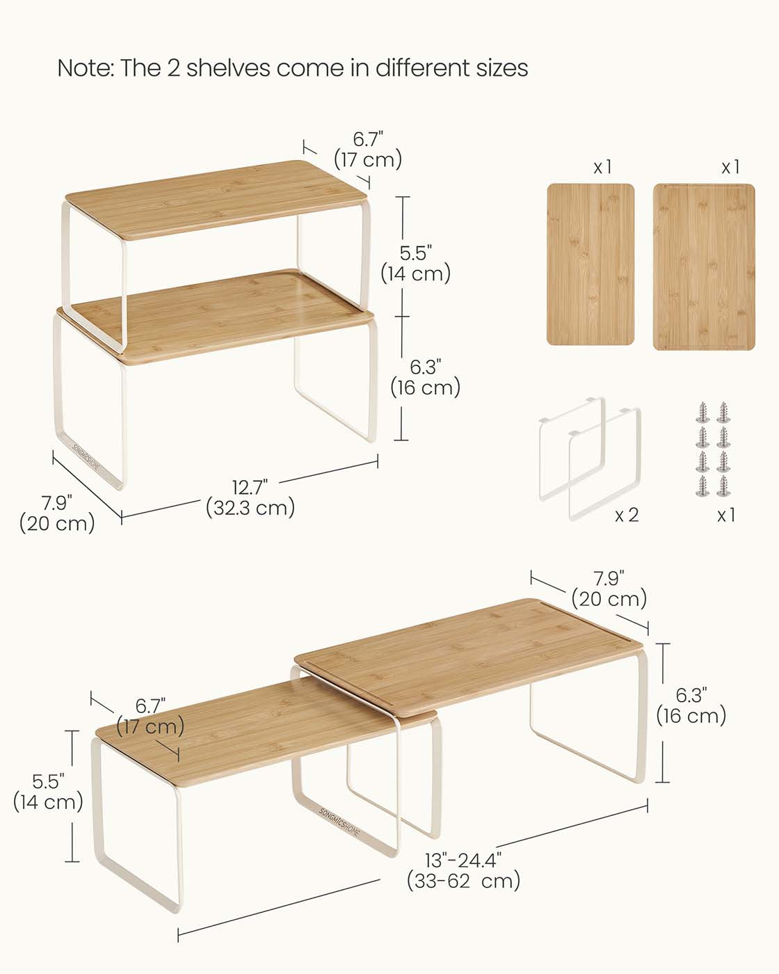 Expandable Cupboard Shelf Organizers - Bamboo and Steel - Stackable
