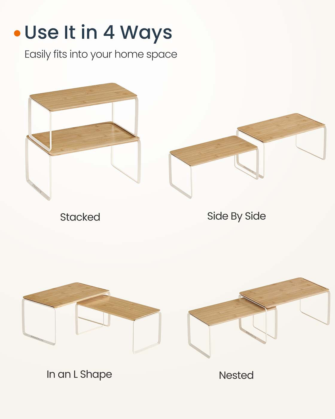 Expandable Cupboard Shelf Organizers - Bamboo and Steel - Stackable