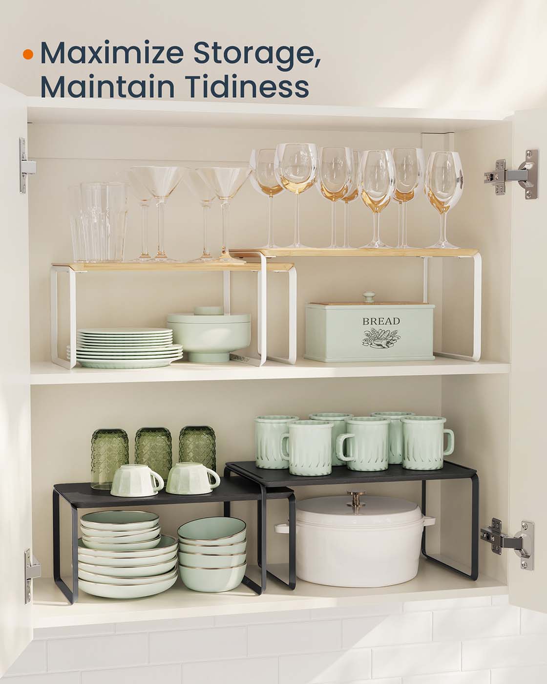 Expandable Cupboard Shelf Organizers - Bamboo and Steel - Stackable