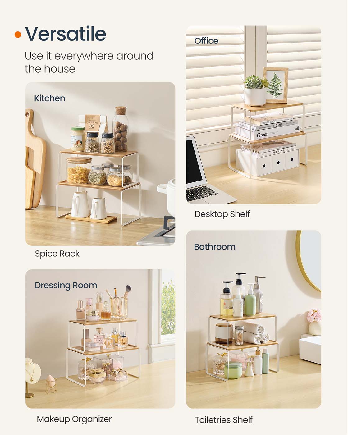 Expandable Cupboard Shelf Organizers - Bamboo and Steel - Stackable