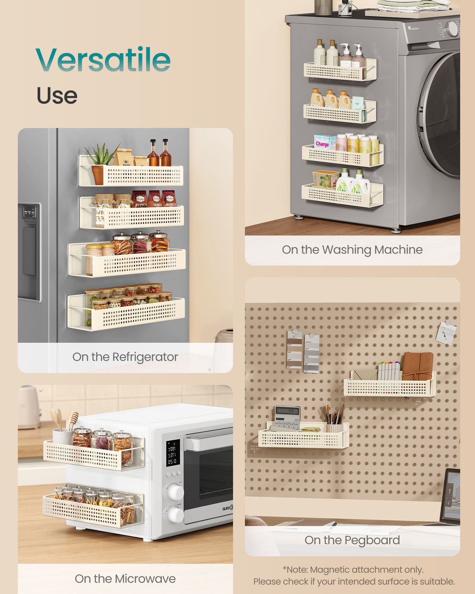 Magnetic Spice Rack for Refrigerator - Set of 4 - Cream White