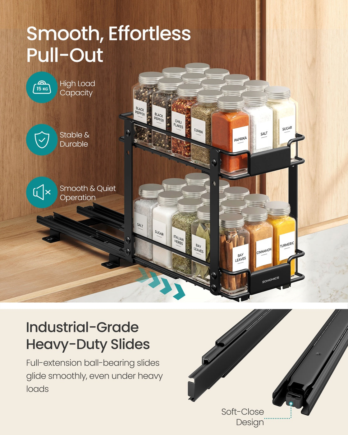 2 Tier Pull Out Spice Rack for Inside Cabinets - Black