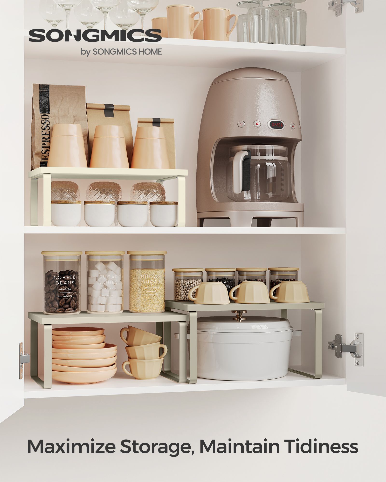 Kitchen Counter Shelves - Set Of 3 - Stackable Risers For Spice And Dish Display