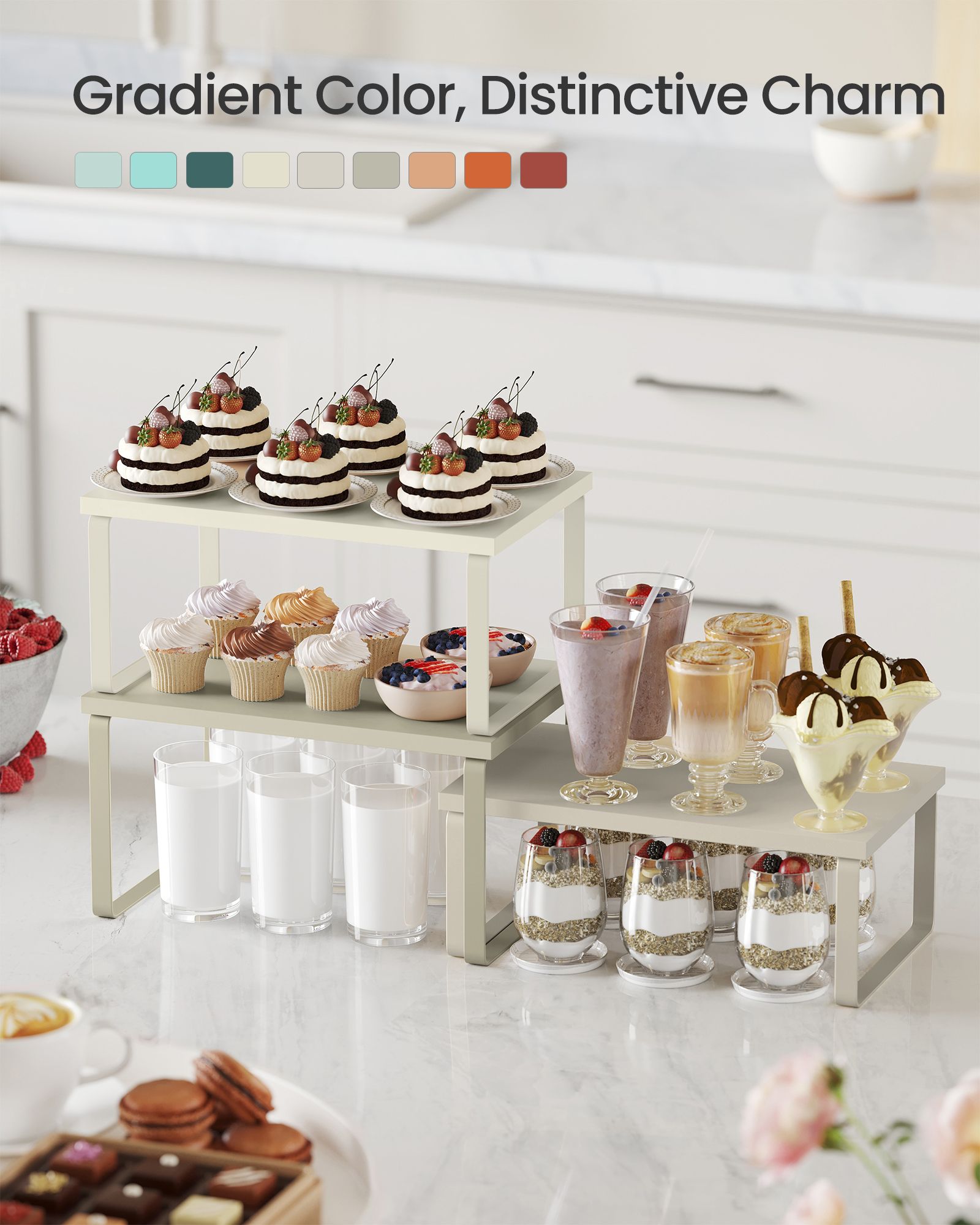 Kitchen Counter Shelves - Set Of 3 - Stackable Risers For Spice And Dish Display