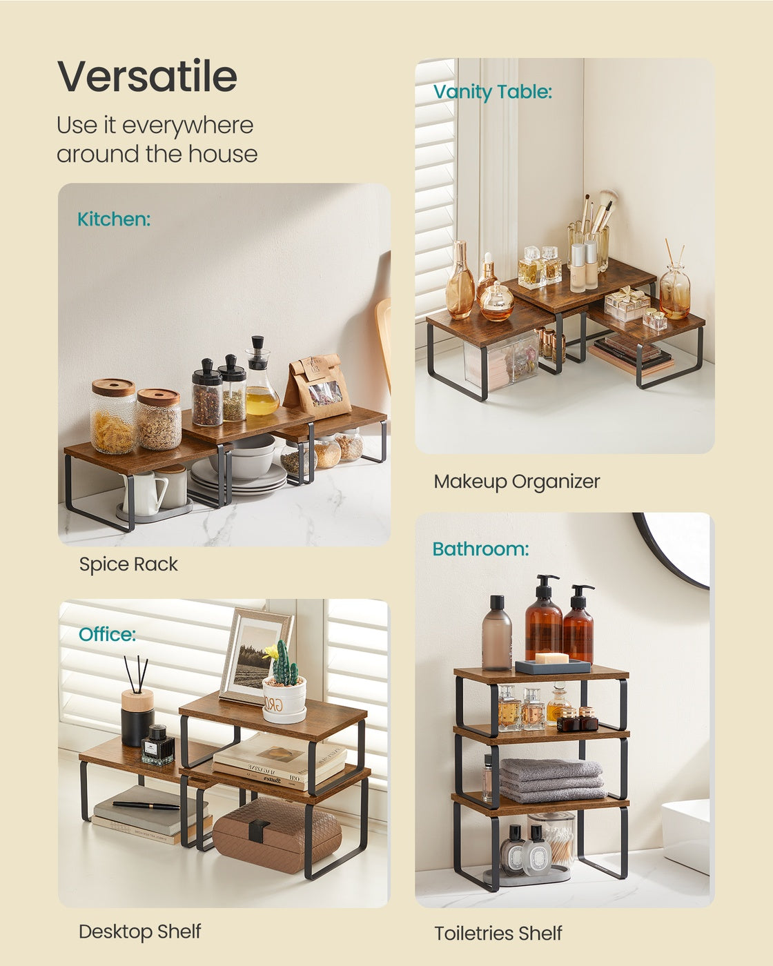 Kitchen Counter Shelves - Stackable Risers for Spice and Dish Display - Set of 3