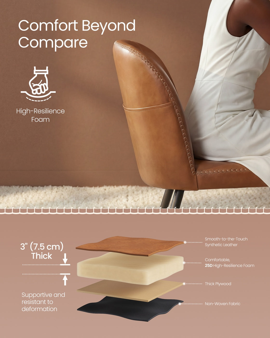 Synthetic Leather Dining Chair with Storage Pocket - Caramel Brown