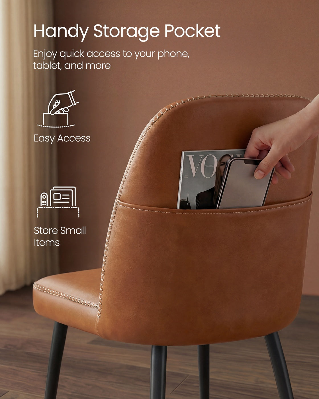 Synthetic Leather Dining Chair with Storage Pocket - Caramel Brown