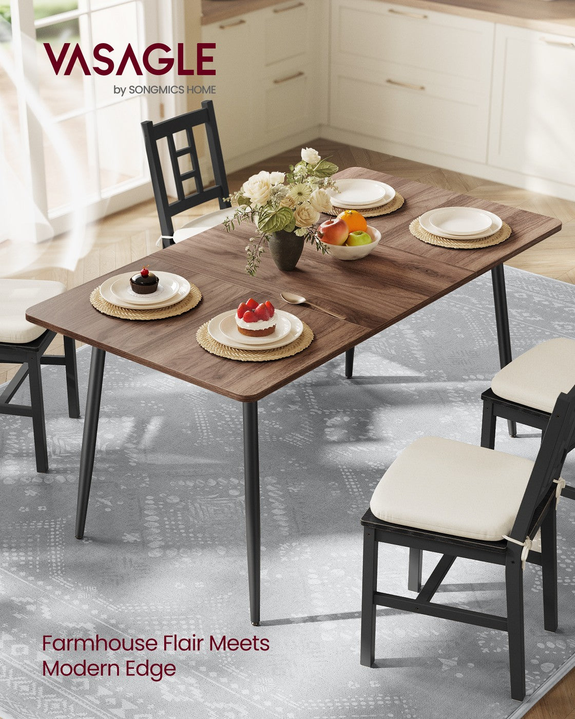55.1" Dining Table for 4-6 People - Modern Kitchen Table - Natural Walnut, Ink Black