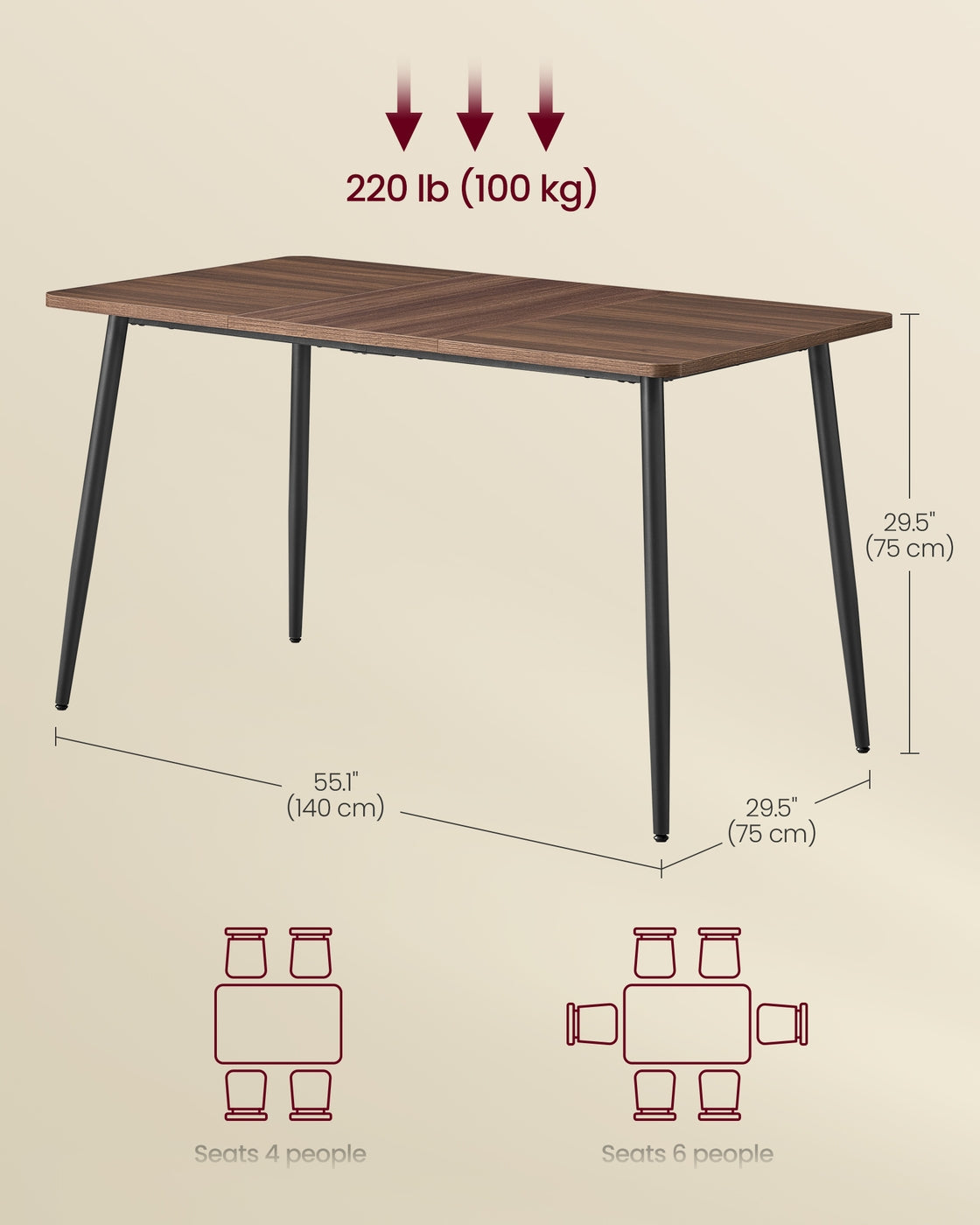 55.1" Dining Table for 4-6 People - Modern Kitchen Table - Natural Walnut, Ink Black