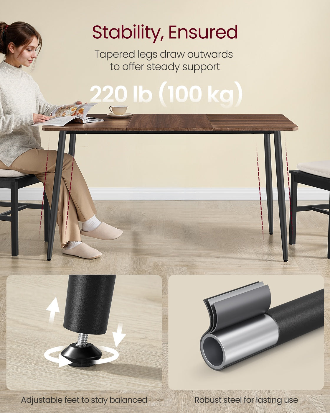 55.1" Dining Table for 4-6 People - Modern Kitchen Table - Natural Walnut, Ink Black