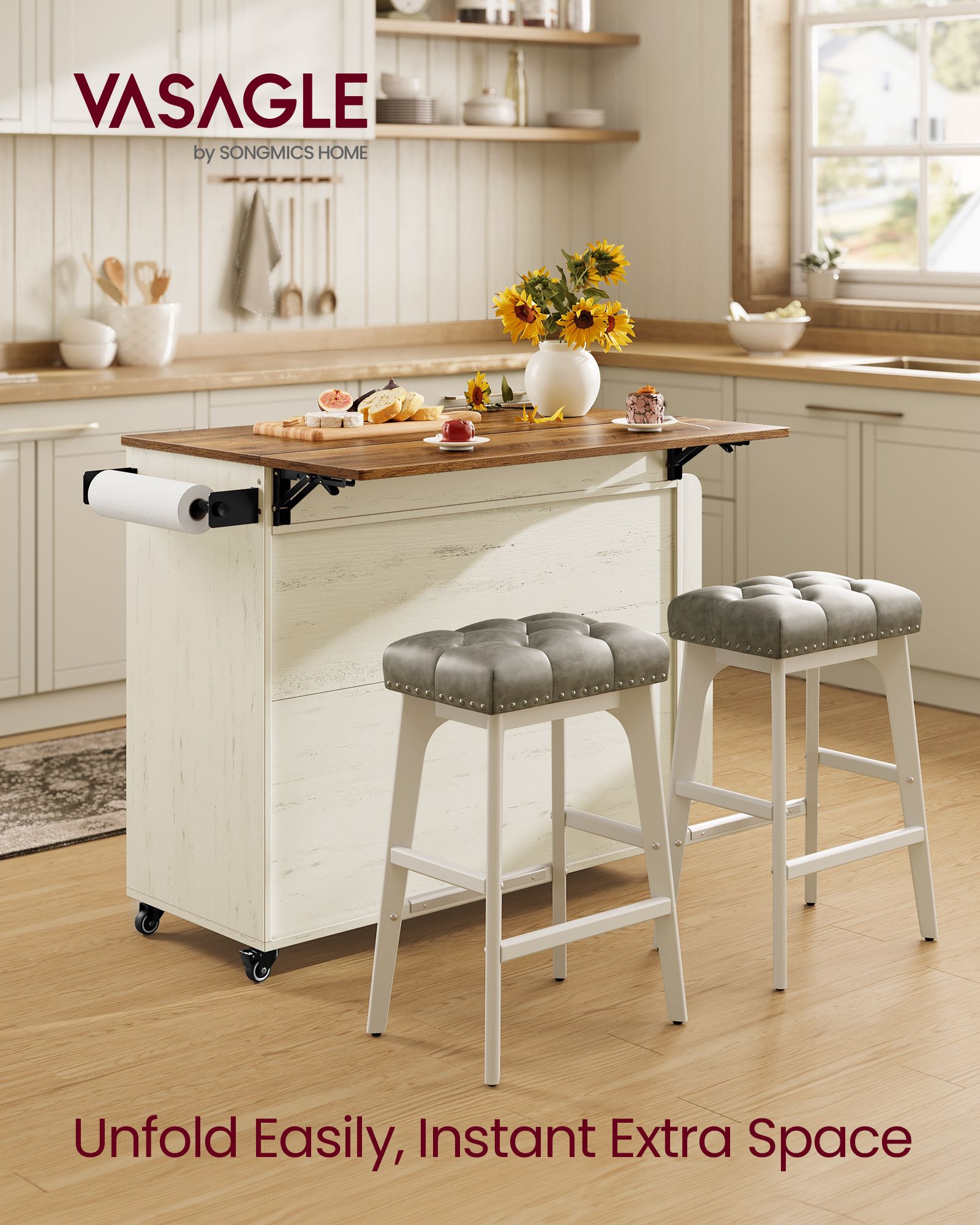 Mobile Kitchen Island with Drop Leaf - Portable Island with Spice Rack - Mobile Cart with Storage Cabinet
