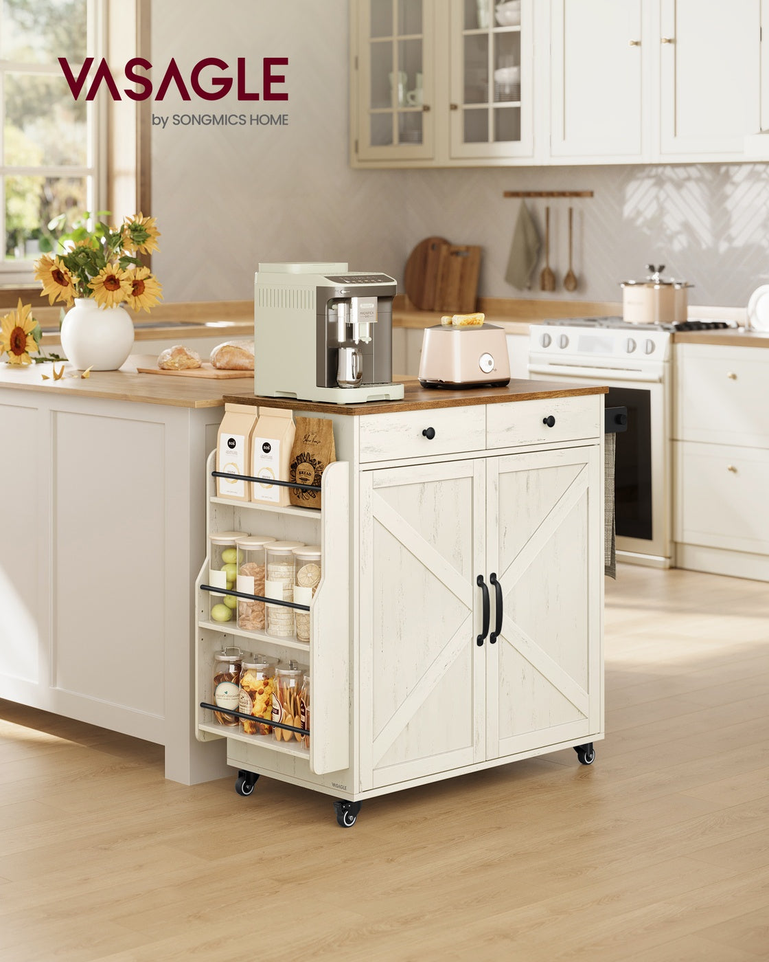 Mobile Kitchen Island - Portable Island with Spice Rack - Mobile Cart with Storage Cabinet
