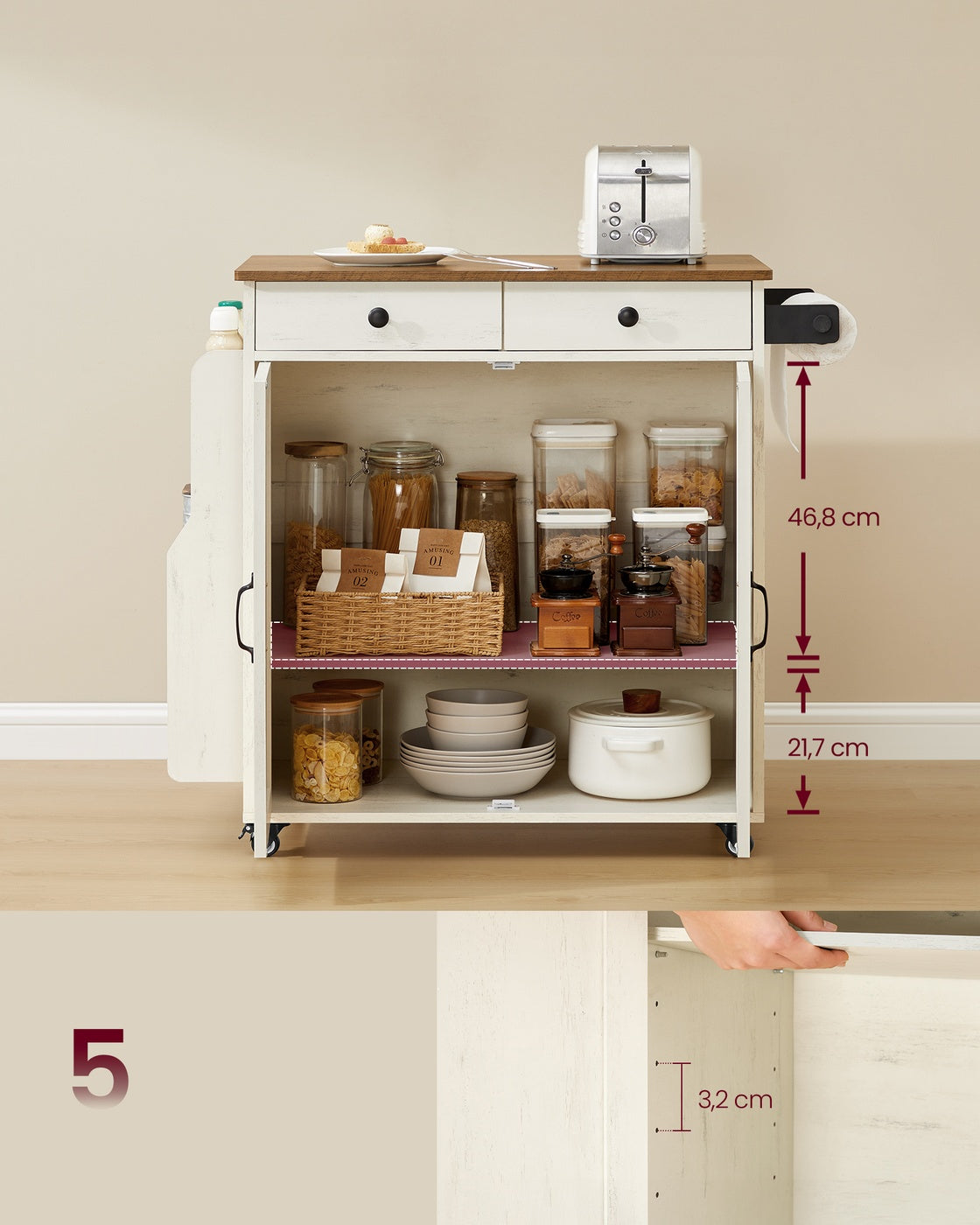 Mobile Kitchen Island - Portable Island with Spice Rack - Mobile Cart with Storage Cabinet