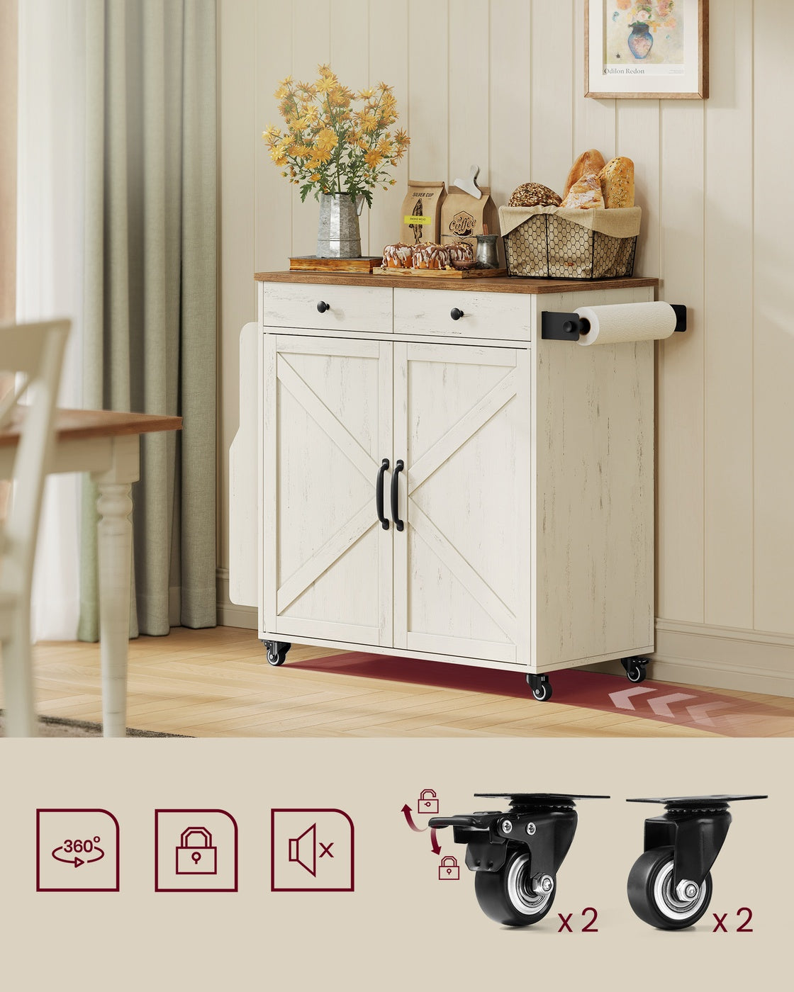 Mobile Kitchen Island - Portable Island with Spice Rack - Mobile Cart with Storage Cabinet