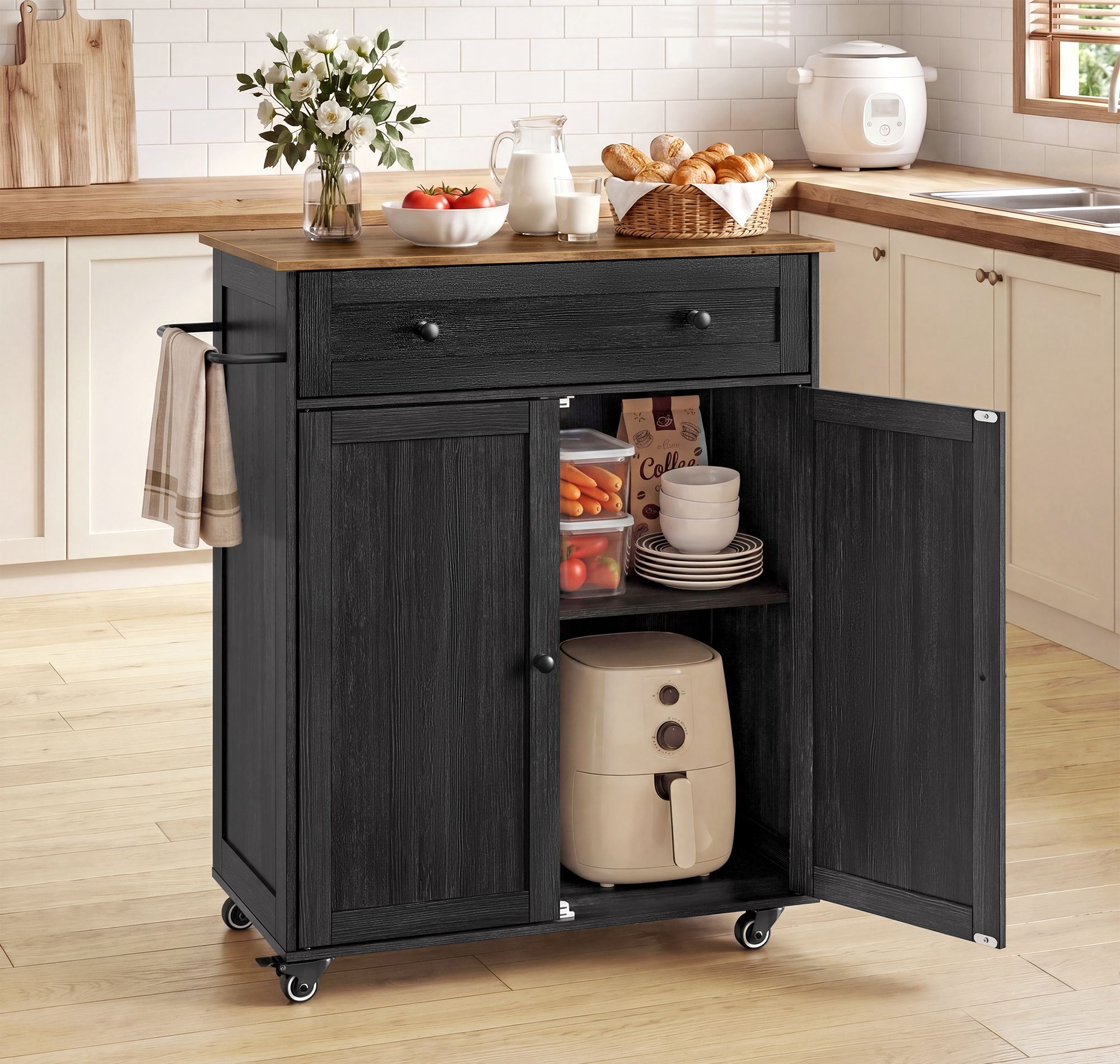 Mobile Kitchen Island - Charcoal Gray, Honey Brown
