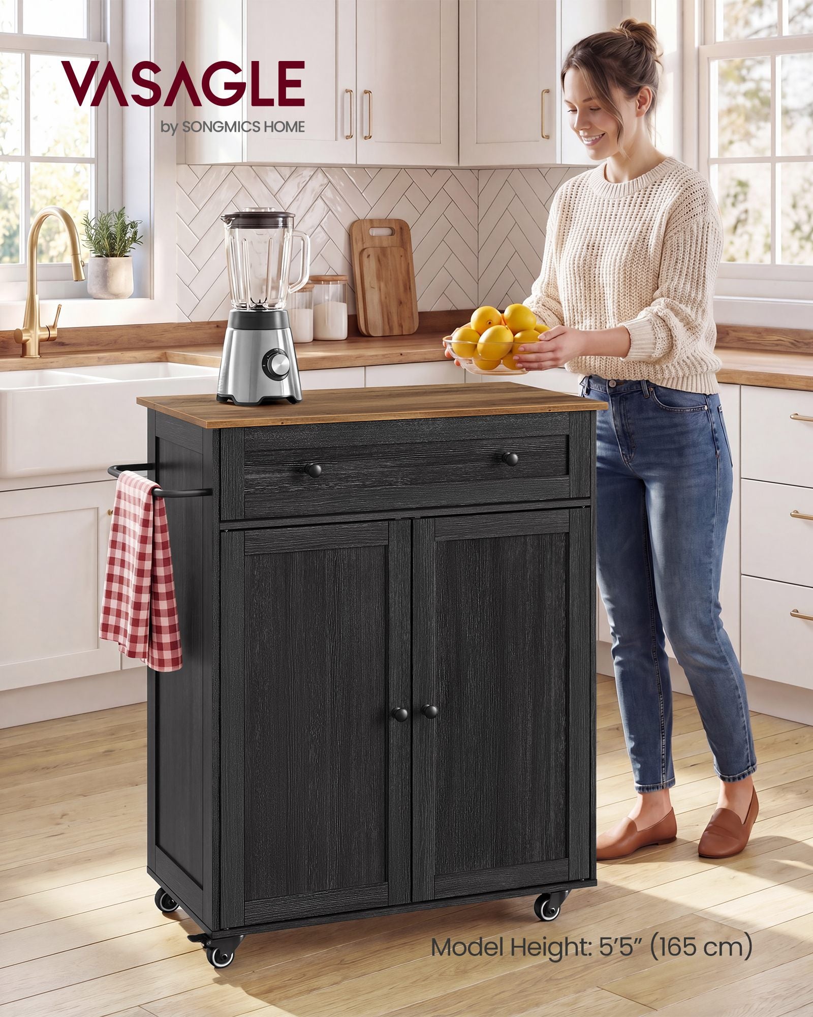 Mobile Kitchen Island - Charcoal Gray, Honey Brown
