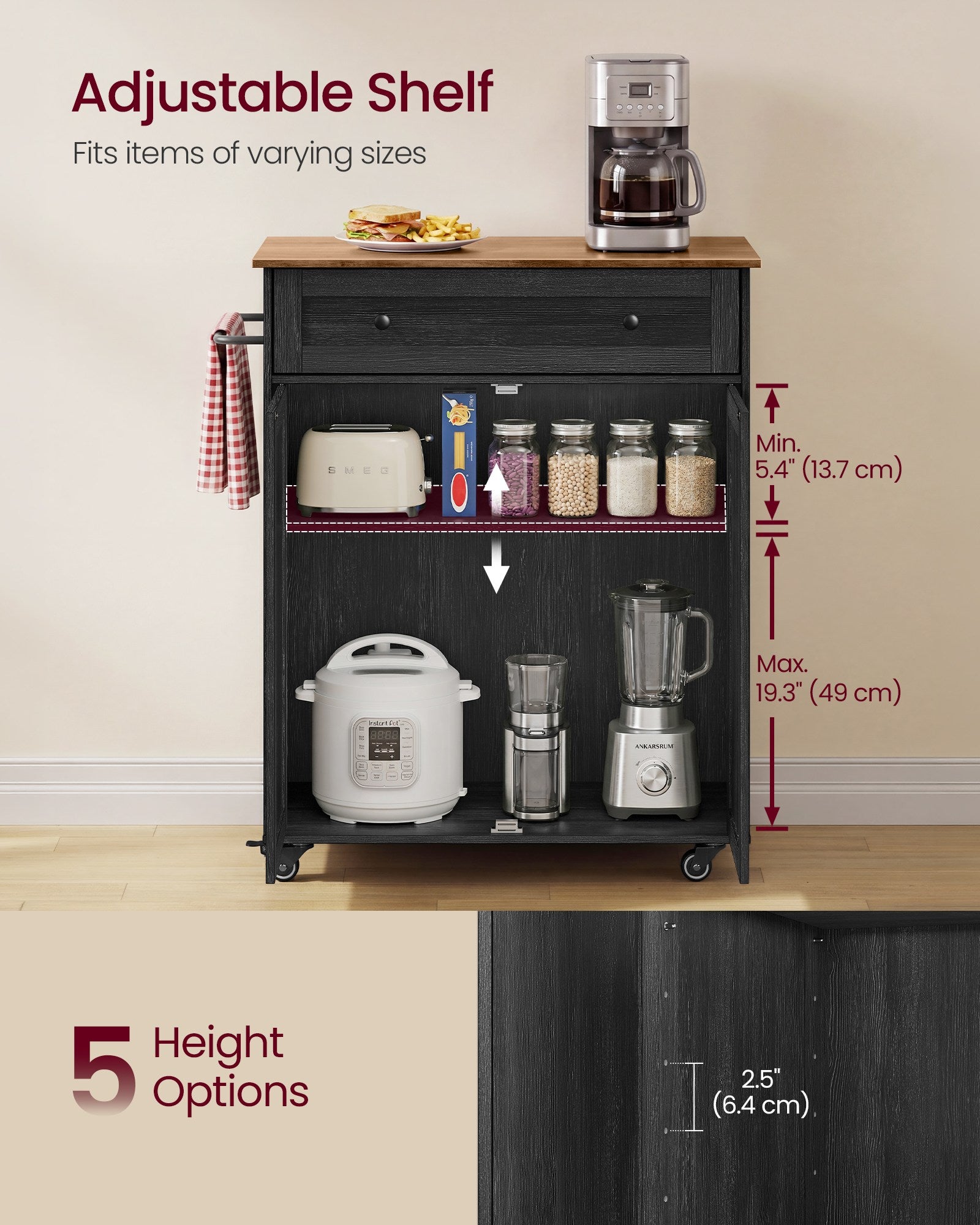Mobile Kitchen Island - Charcoal Gray, Honey Brown