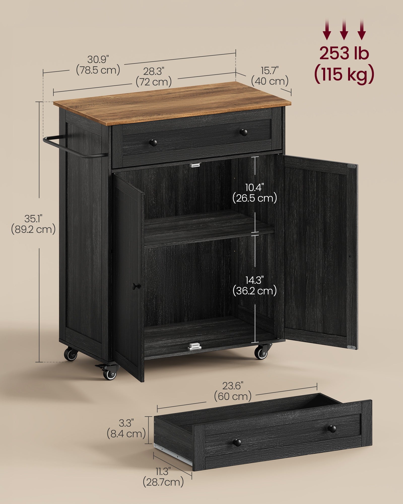 Mobile Kitchen Island - Charcoal Gray, Honey Brown