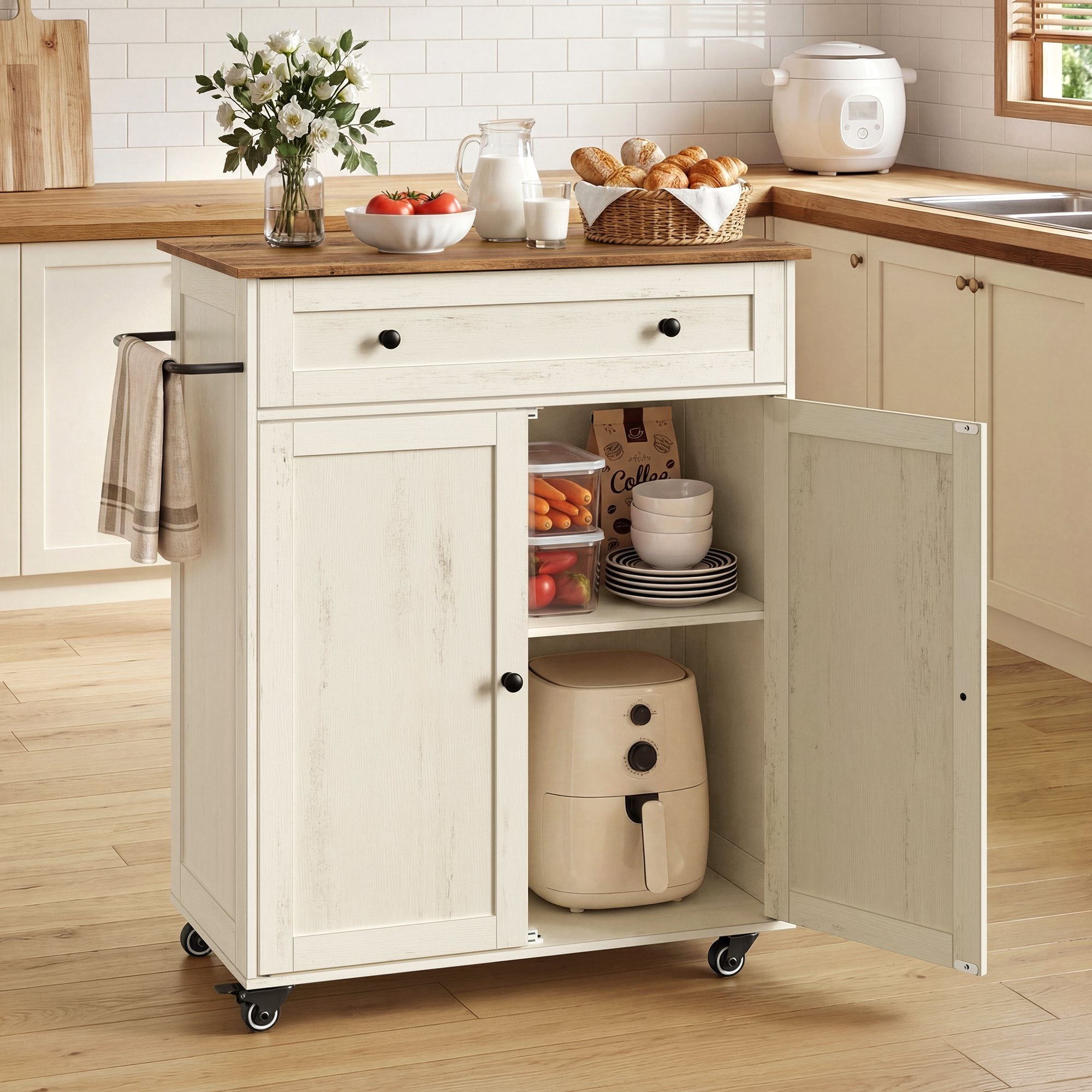 Mobile Kitchen Island - Rustic White, Honey Brown