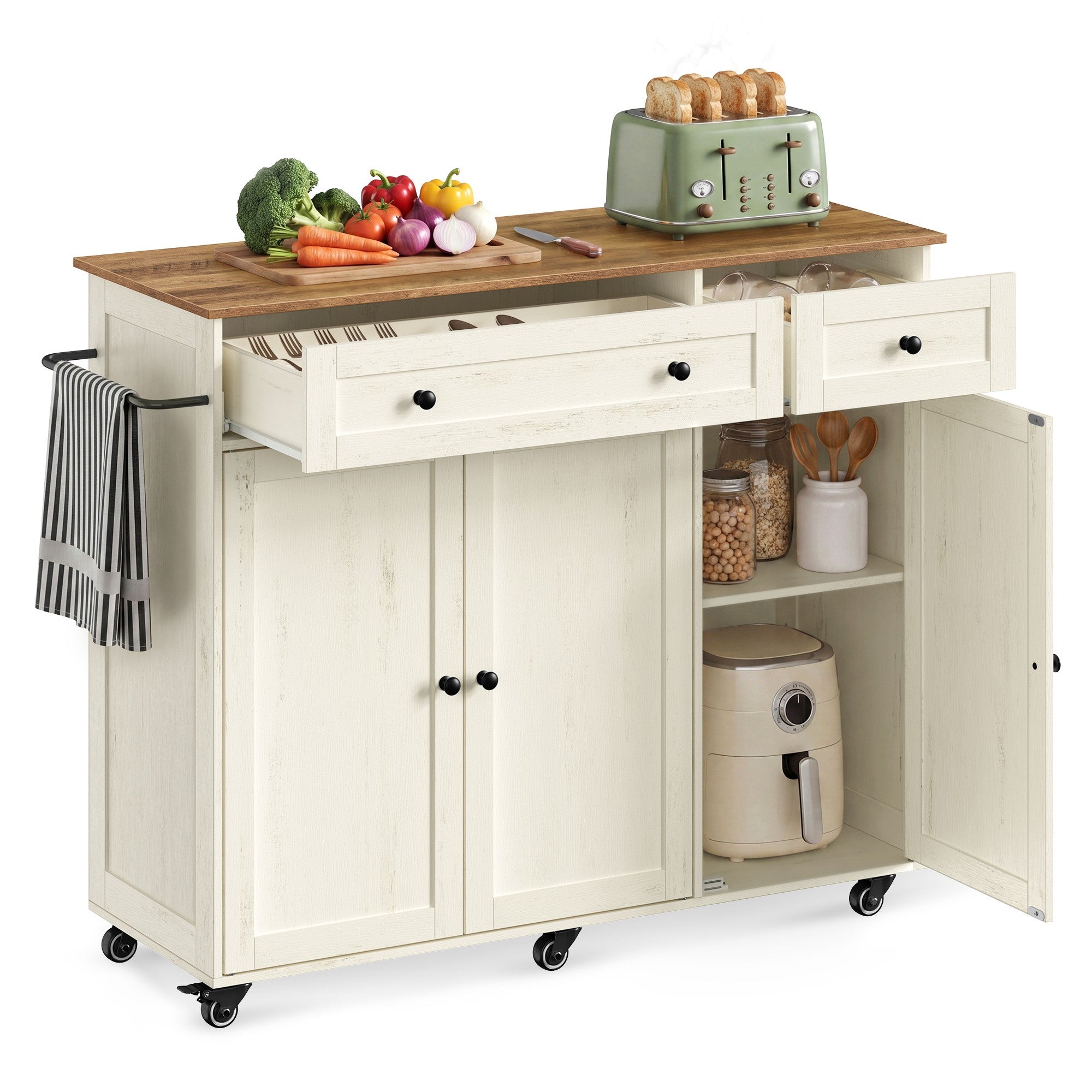 Mobile Kitchen Island - Cloud White, Warm Earth Brown