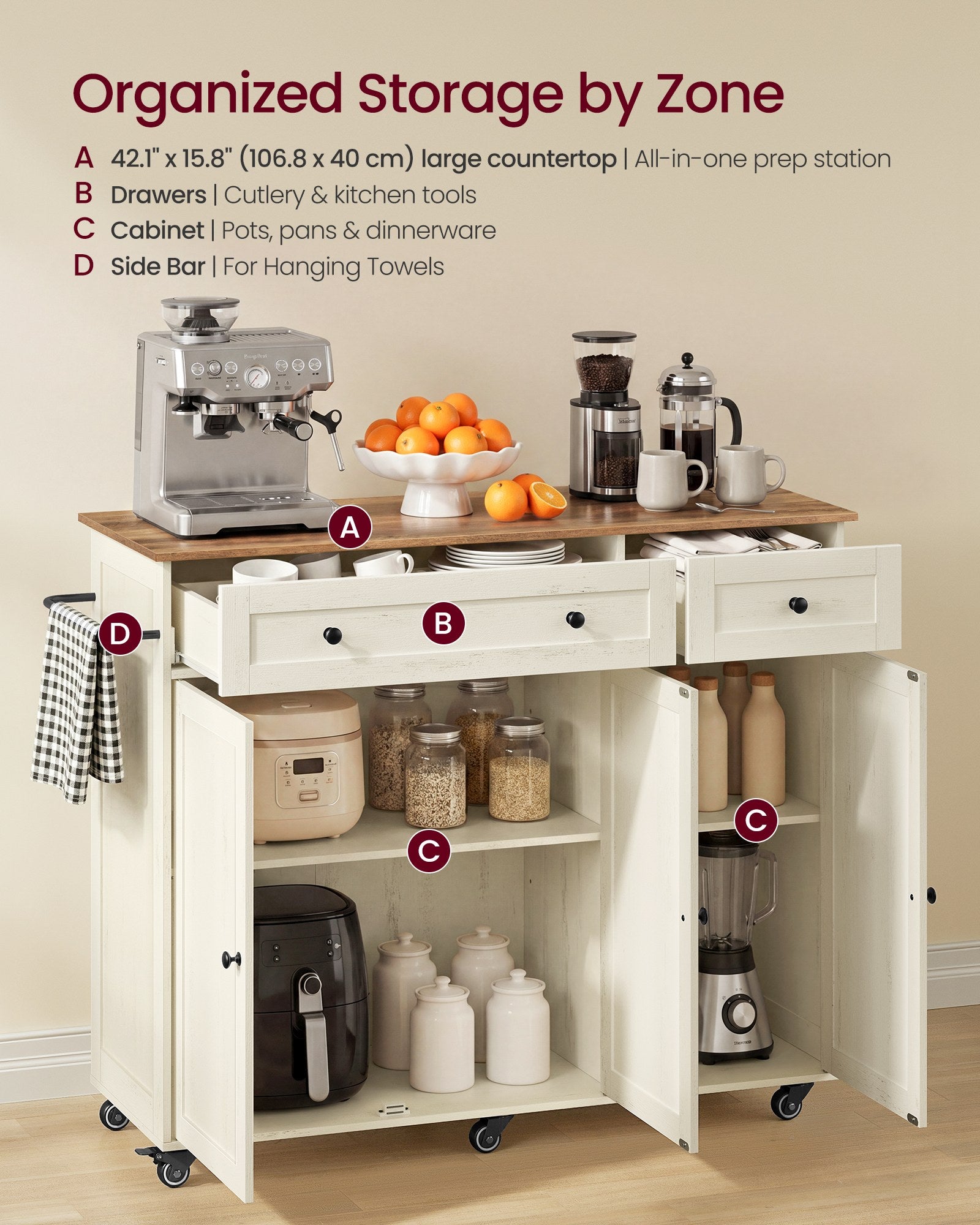 Mobile Kitchen Island - Cloud White, Warm Earth Brown