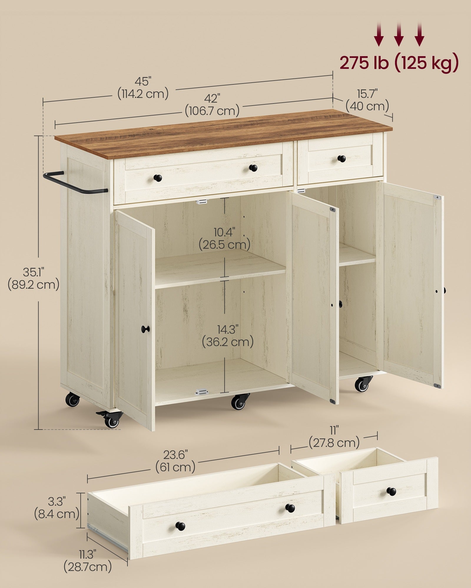 Mobile Kitchen Island - Cloud White, Warm Earth Brown