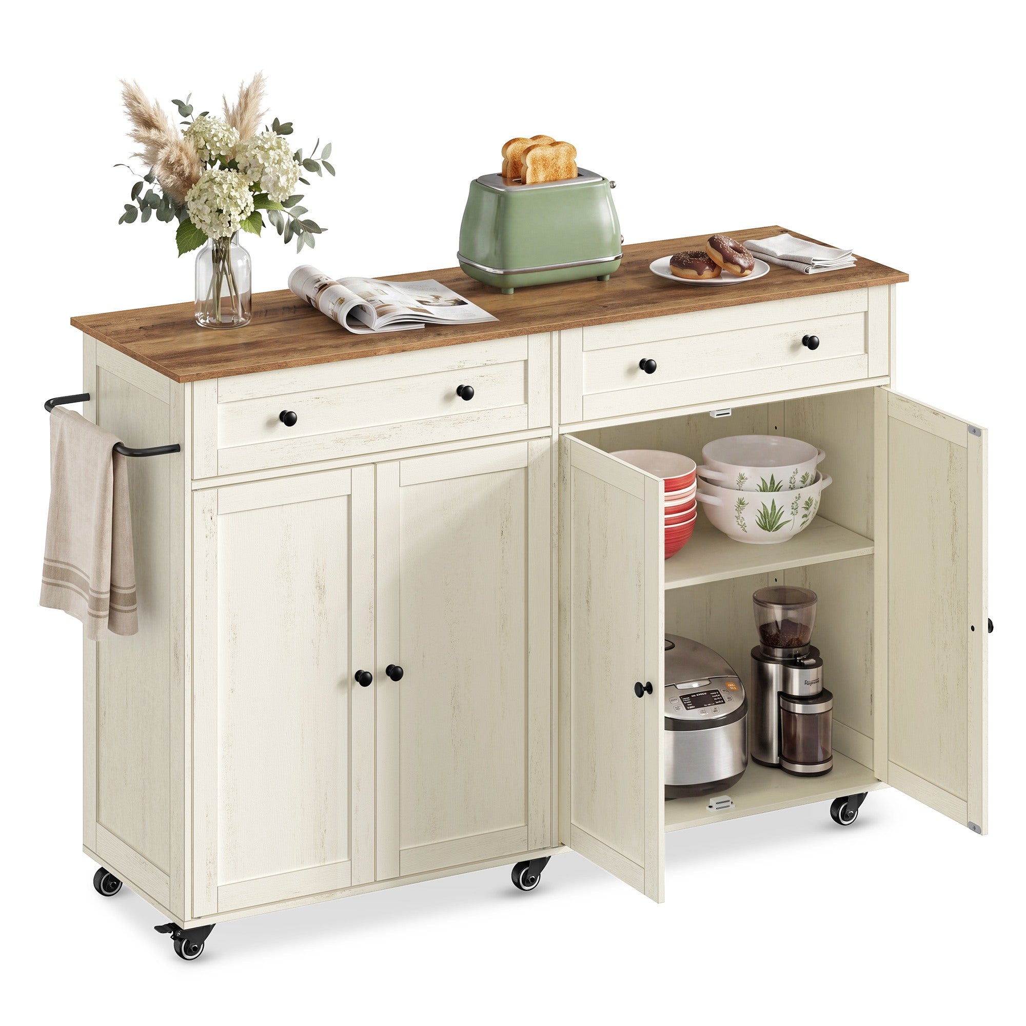 Mobile Kitchen Island - Rustic White, Honey Brown