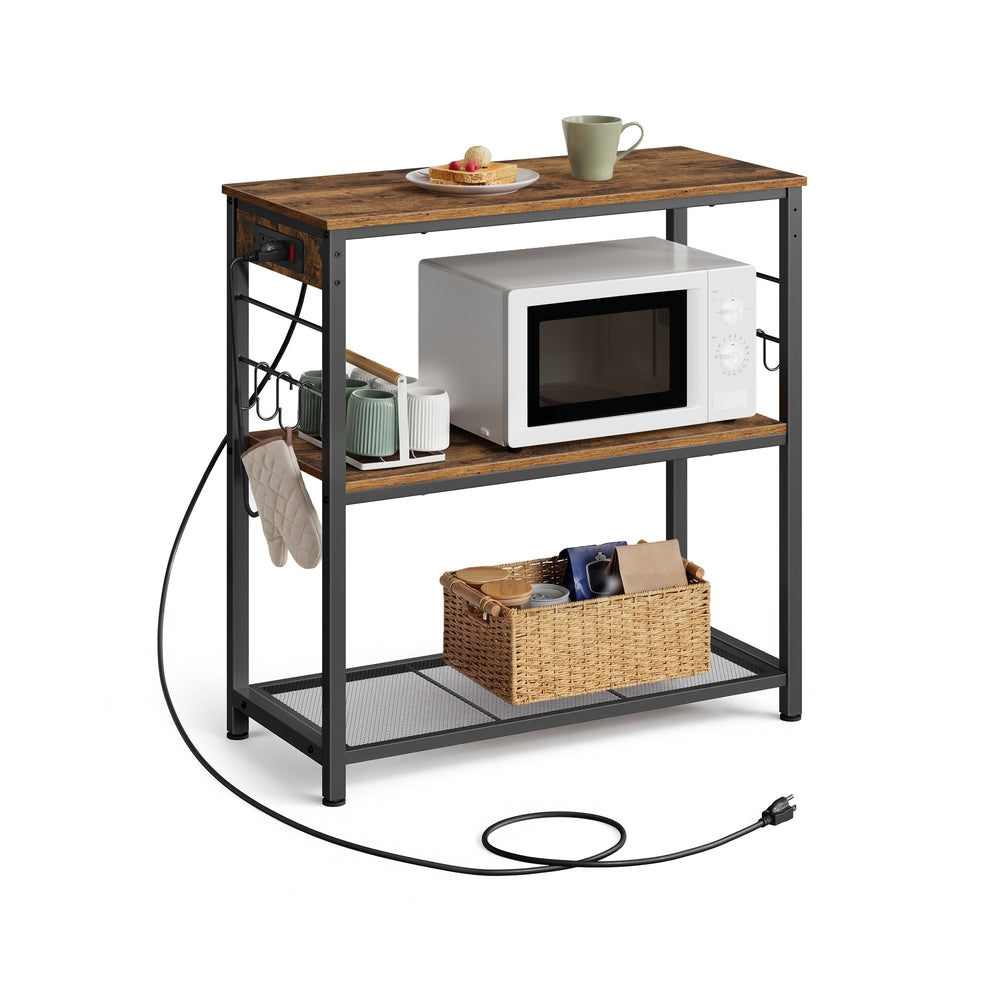 Metal Kitchen Island with Power Outlet and Hooks - Rustic Brown, Black