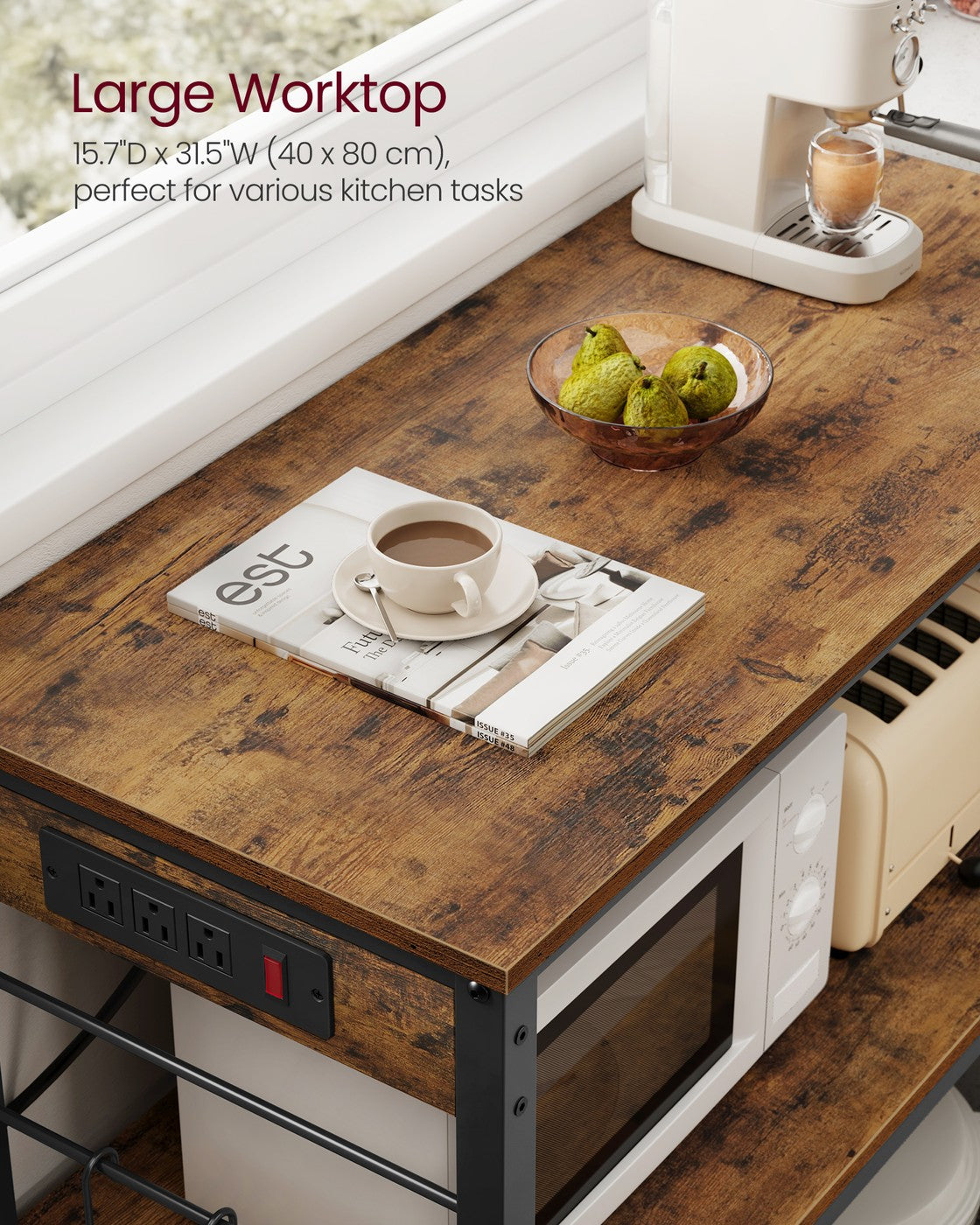 Metal Kitchen Island with Power Outlet and Hooks - Rustic Brown, Black