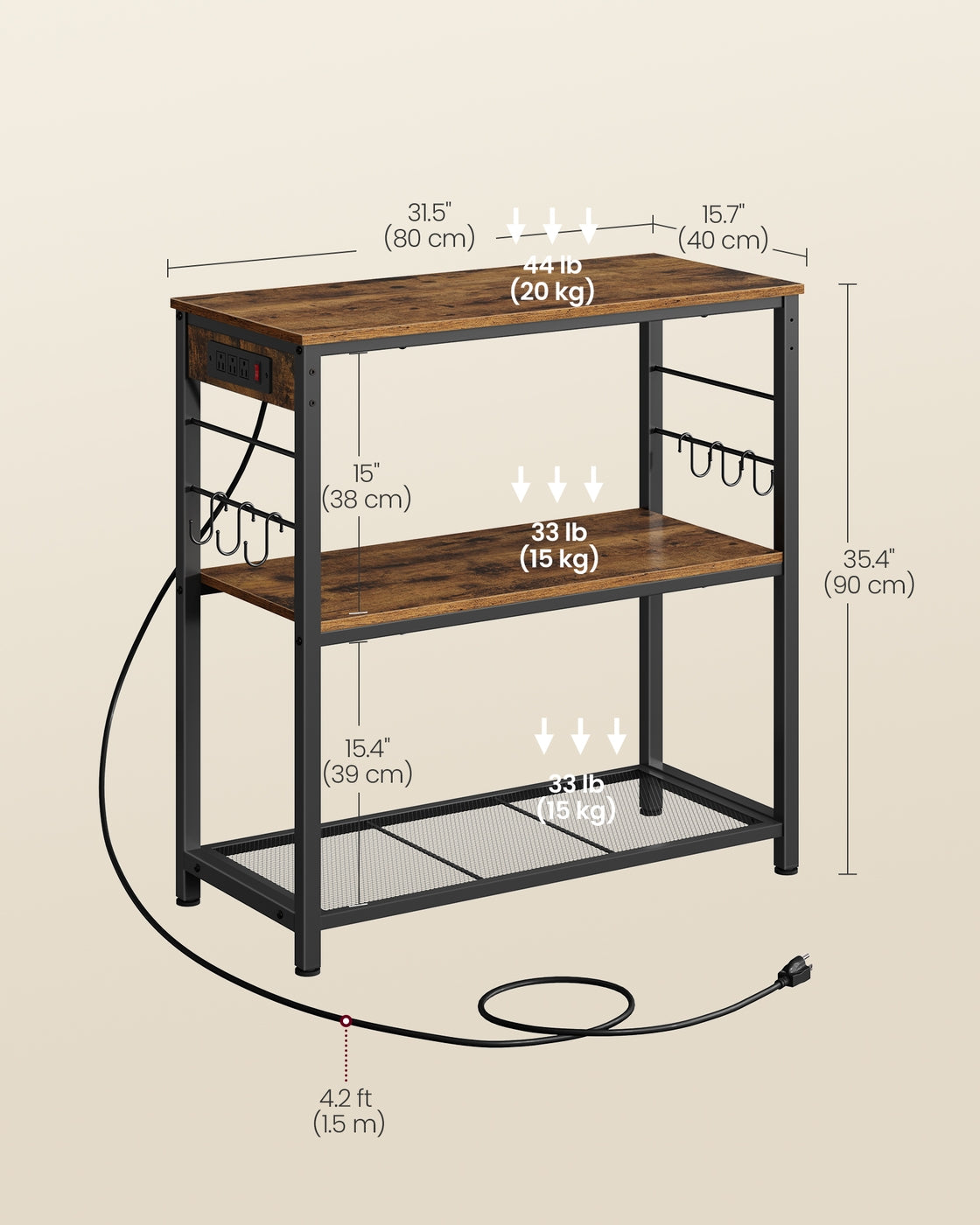 Metal Kitchen Island with Power Outlet and Hooks - Rustic Brown, Black
