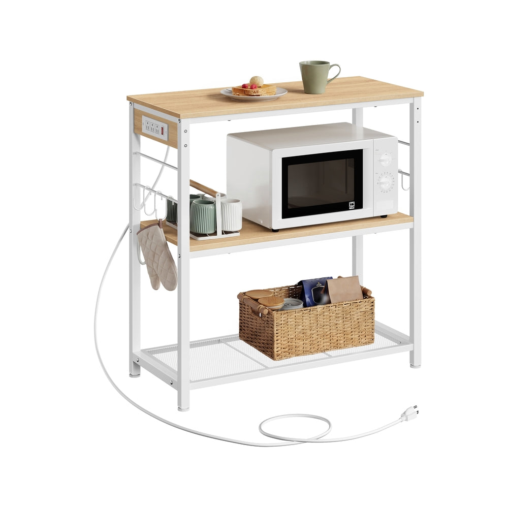 Metal Kitchen Island with Power Outlet and Hooks - Golden Oak, White