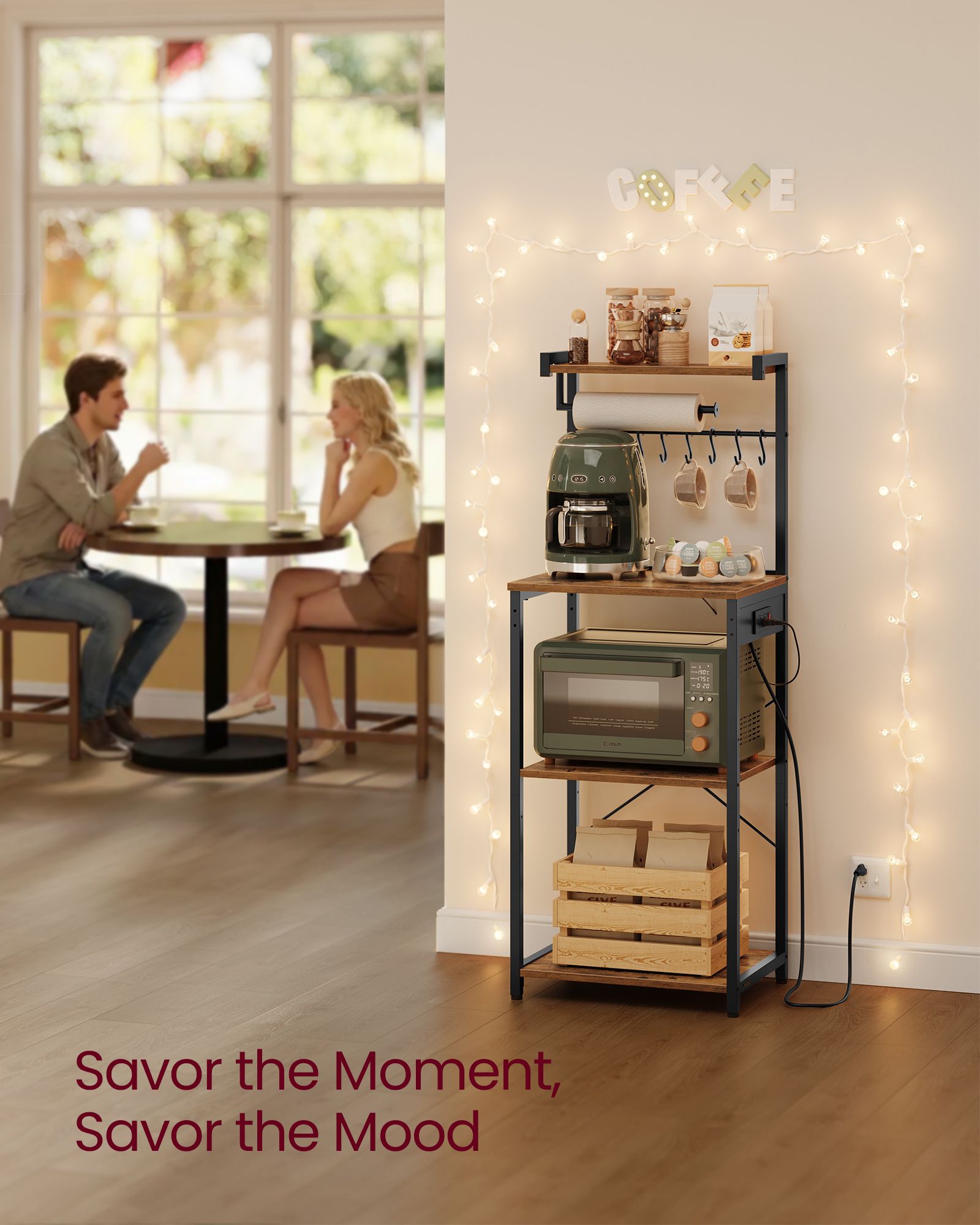 BARNET Collection - Kitchen Bakers Rack with Power Outlet - Rustic Brown, Ink Black
